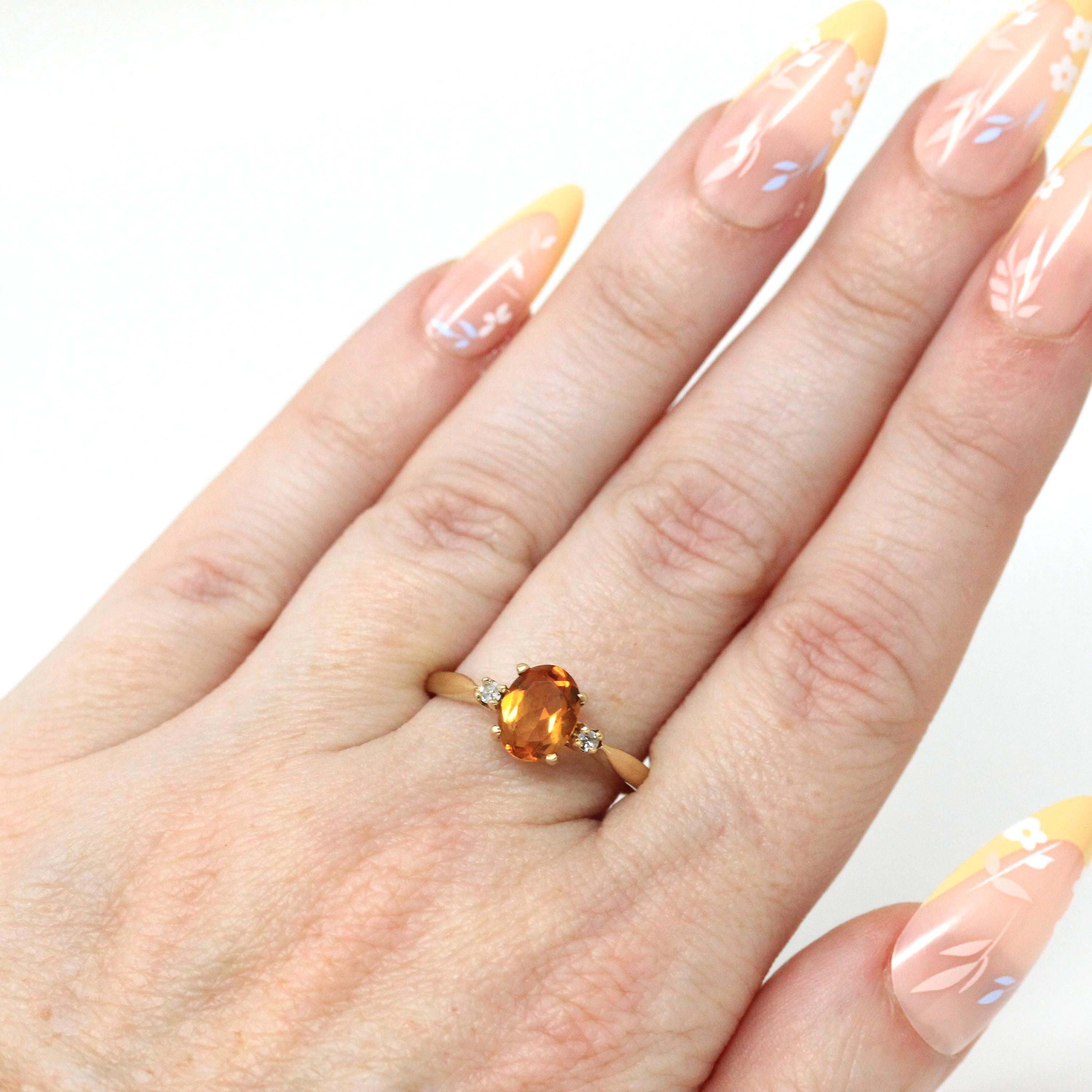 Citrine & Diamond Ring - Estate 10k Yellow Gold Oval Faceted 1.13 CT Gem - Circa 1990s Era Size 8.25 November Birthstone Fine Accent Jewelry