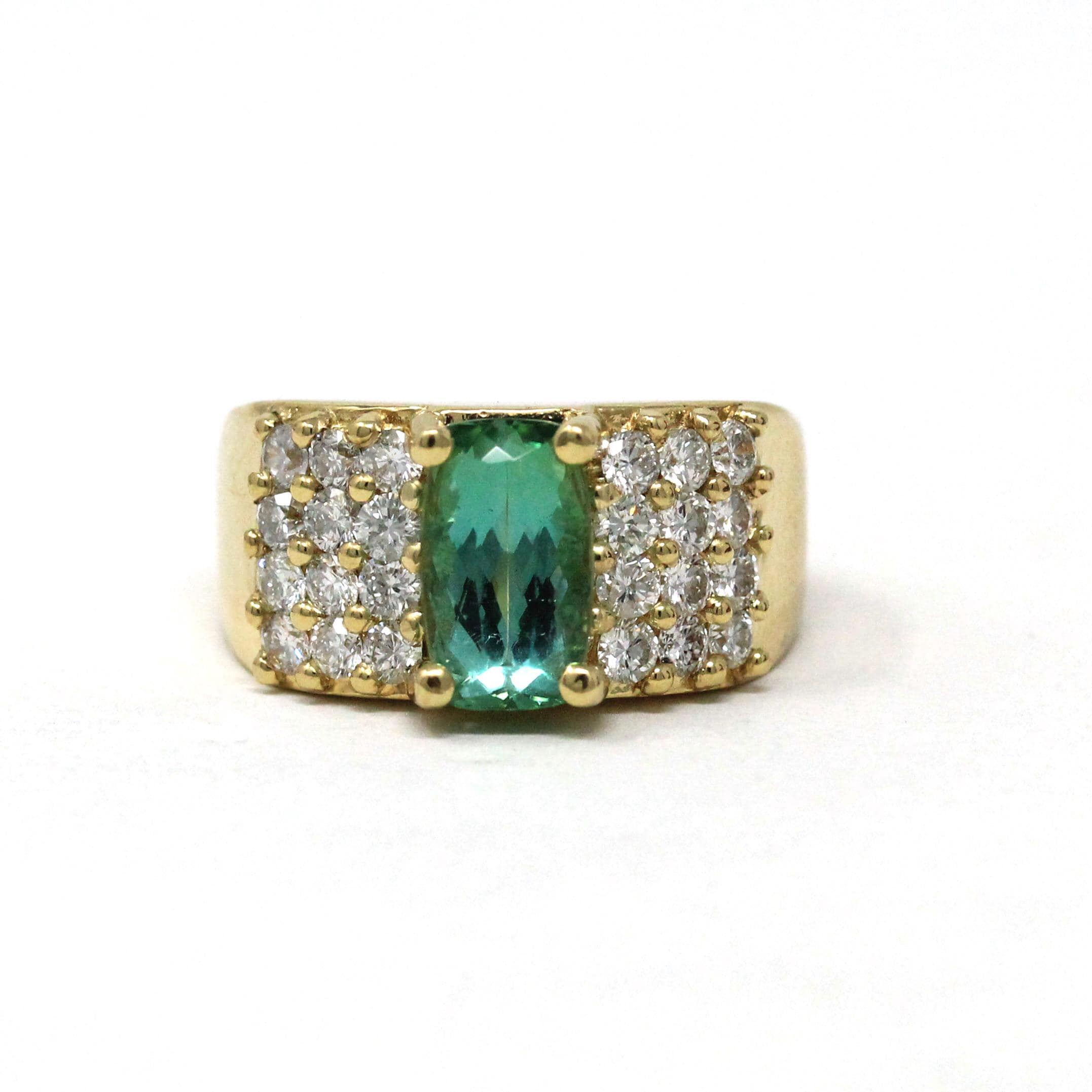 Tourmaline & Diamond Ring - Modern Era 18k Yellow Gold Natural Green Gemstone Statement - Estate Size 7 Bold October Birthstone Fine Jewelry