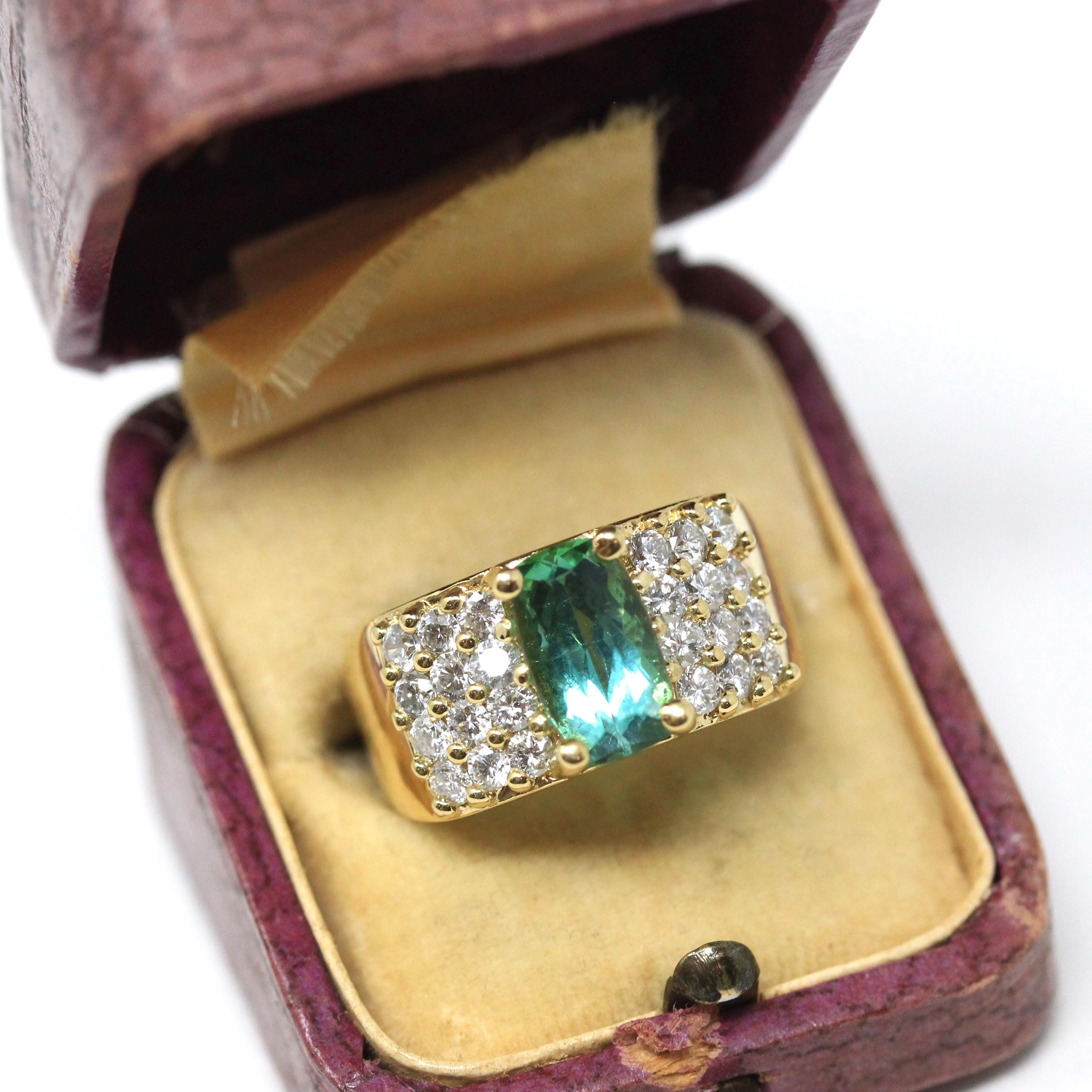 Tourmaline & Diamond Ring - Modern Era 18k Yellow Gold Natural Green Gemstone Statement - Estate Size 7 Bold October Birthstone Fine Jewelry