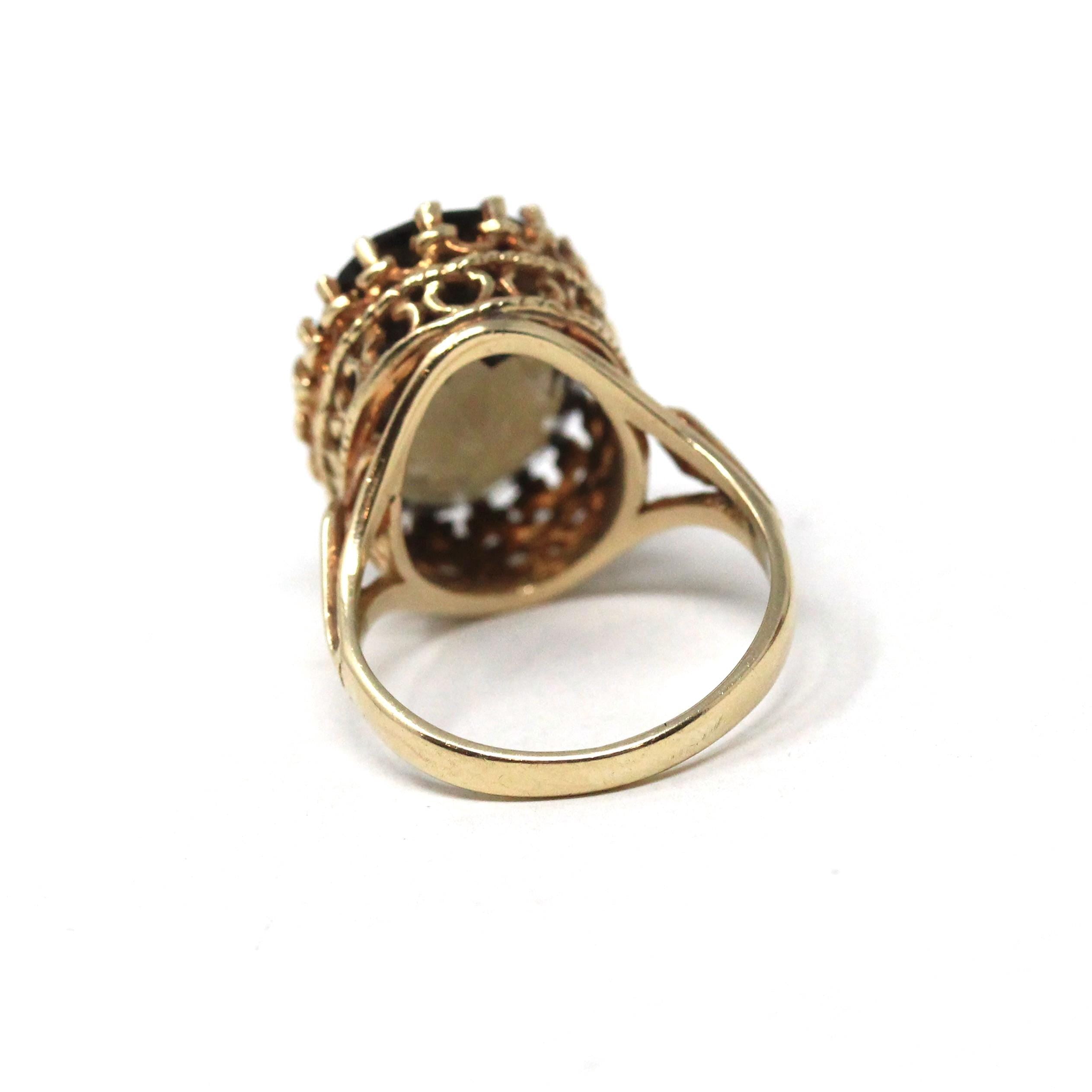 Smoky Quartz Ring - Retro 14k Yellow Gold Oval Faceted 12.15 CT Brown Gray Gemstone - Vintage Circa 1970s Era Size 7 Statement Fine Jewelry