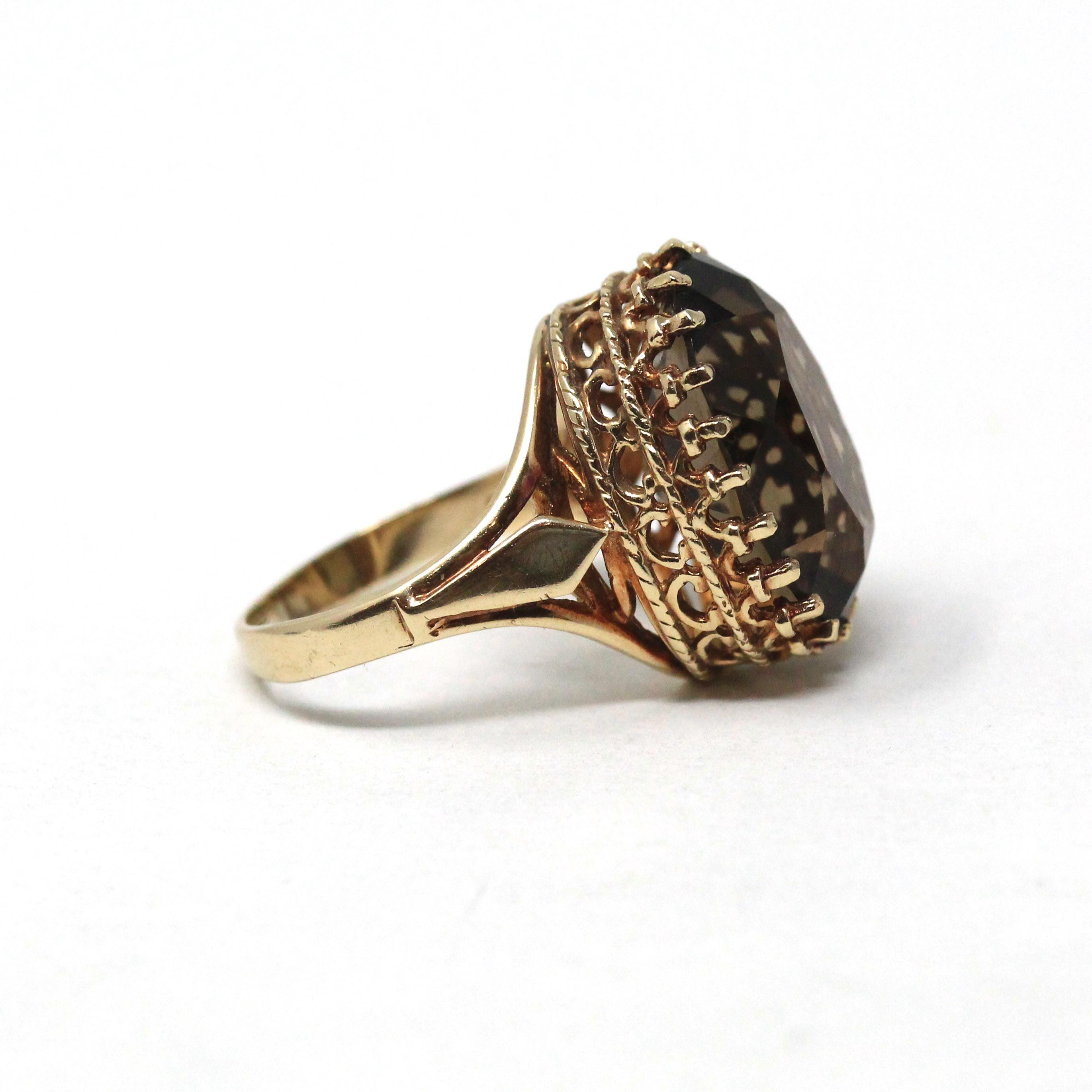 Smoky Quartz Ring - Retro 14k Yellow Gold Oval Faceted 12.15 CT Brown Gray Gemstone - Vintage Circa 1970s Era Size 7 Statement Fine Jewelry