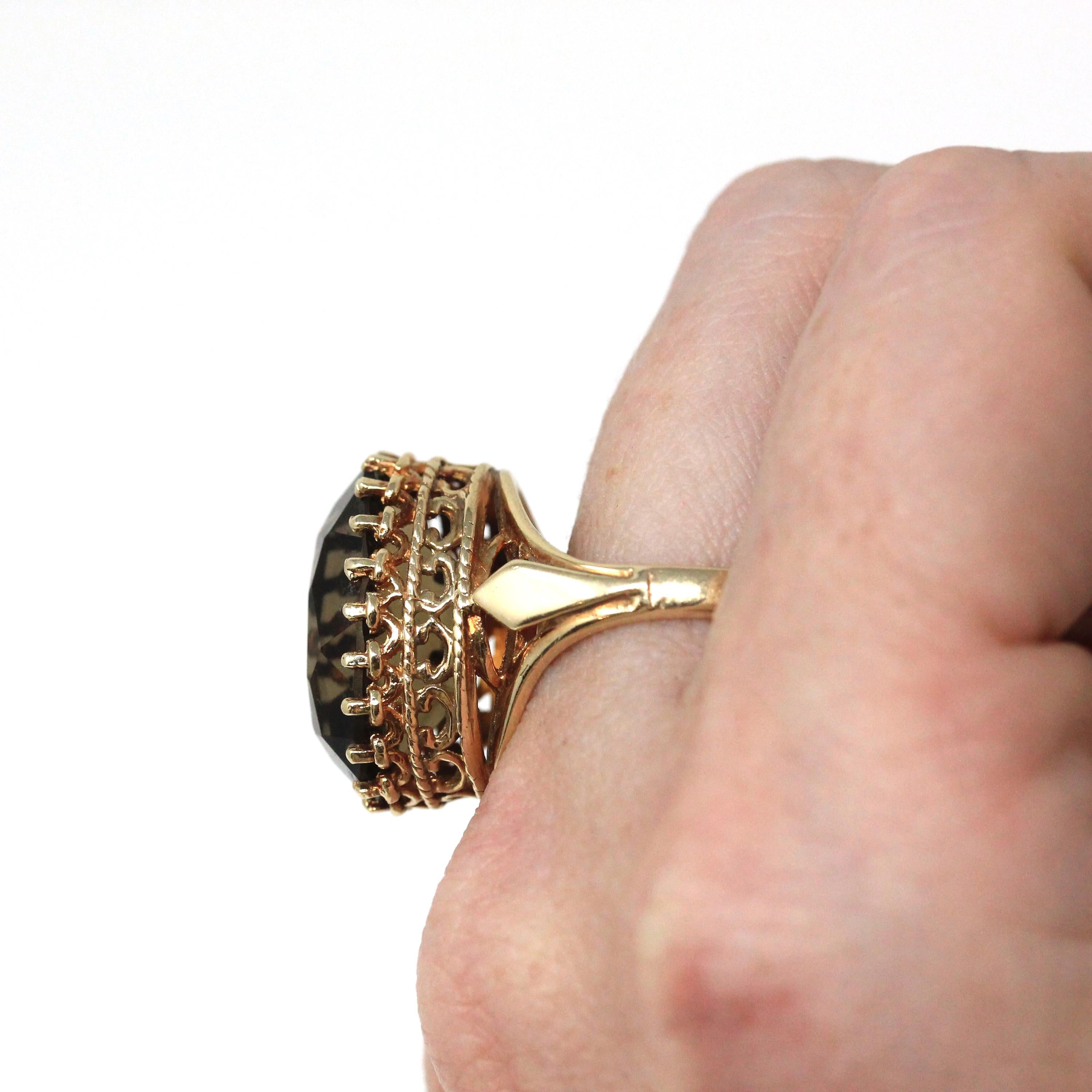 Smoky Quartz Ring - Retro 14k Yellow Gold Oval Faceted 12.15 CT Brown Gray Gemstone - Vintage Circa 1970s Era Size 7 Statement Fine Jewelry