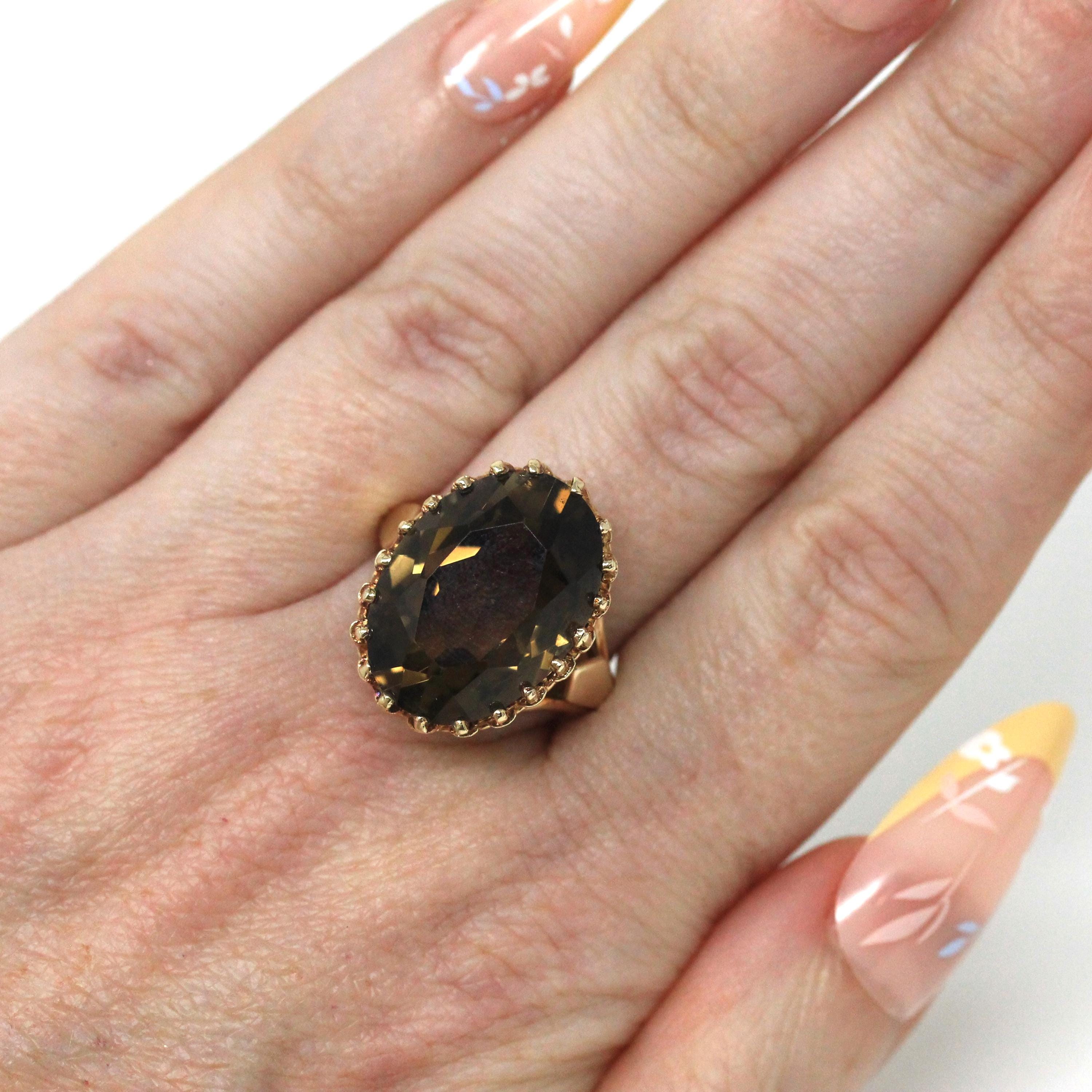 Smoky Quartz Ring - Retro 14k Yellow Gold Oval Faceted 12.15 CT Brown Gray Gemstone - Vintage Circa 1970s Era Size 7 Statement Fine Jewelry