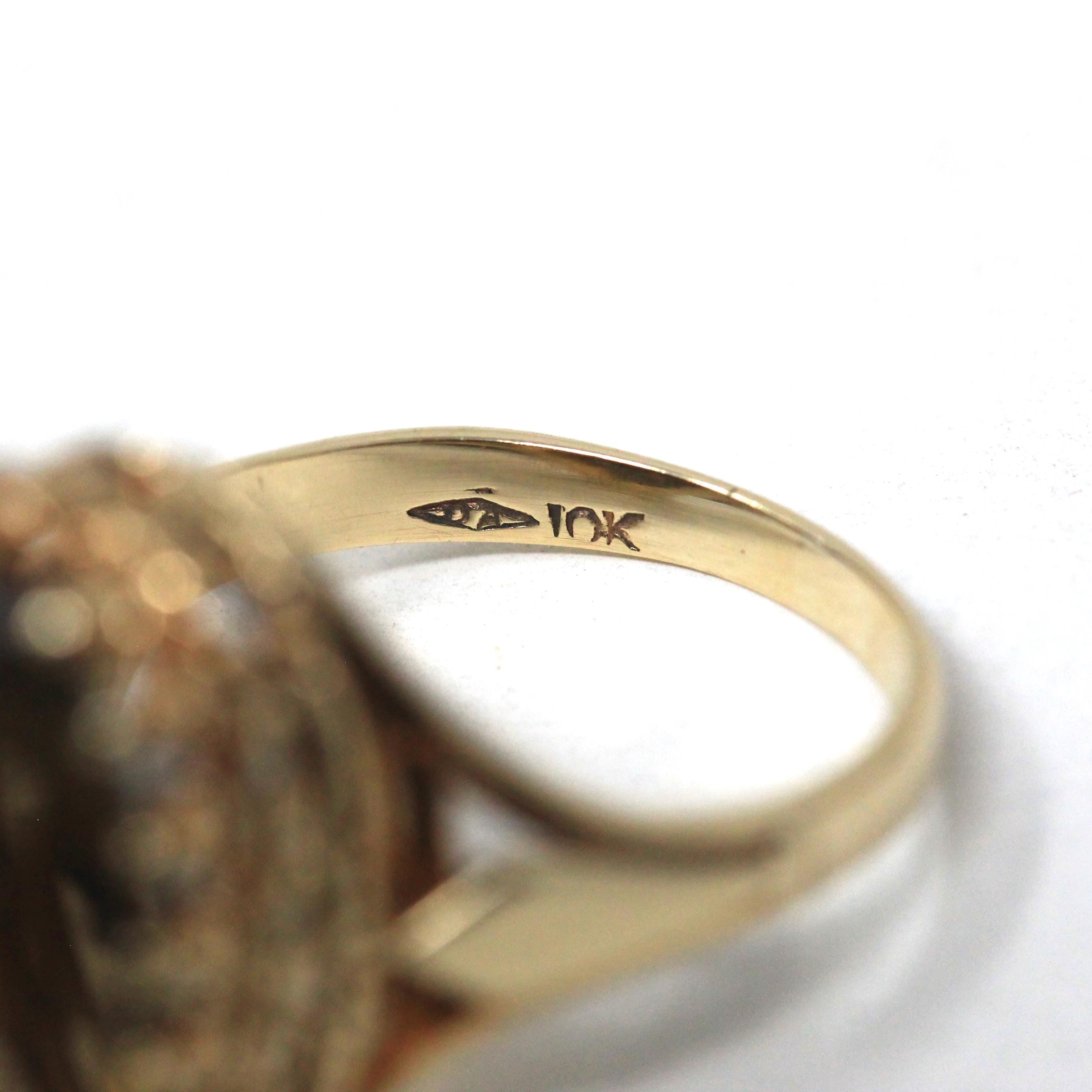 Smoky Quartz Ring - Retro 14k Yellow Gold Oval Faceted 12.15 CT Brown Gray Gemstone - Vintage Circa 1970s Era Size 7 Statement Fine Jewelry