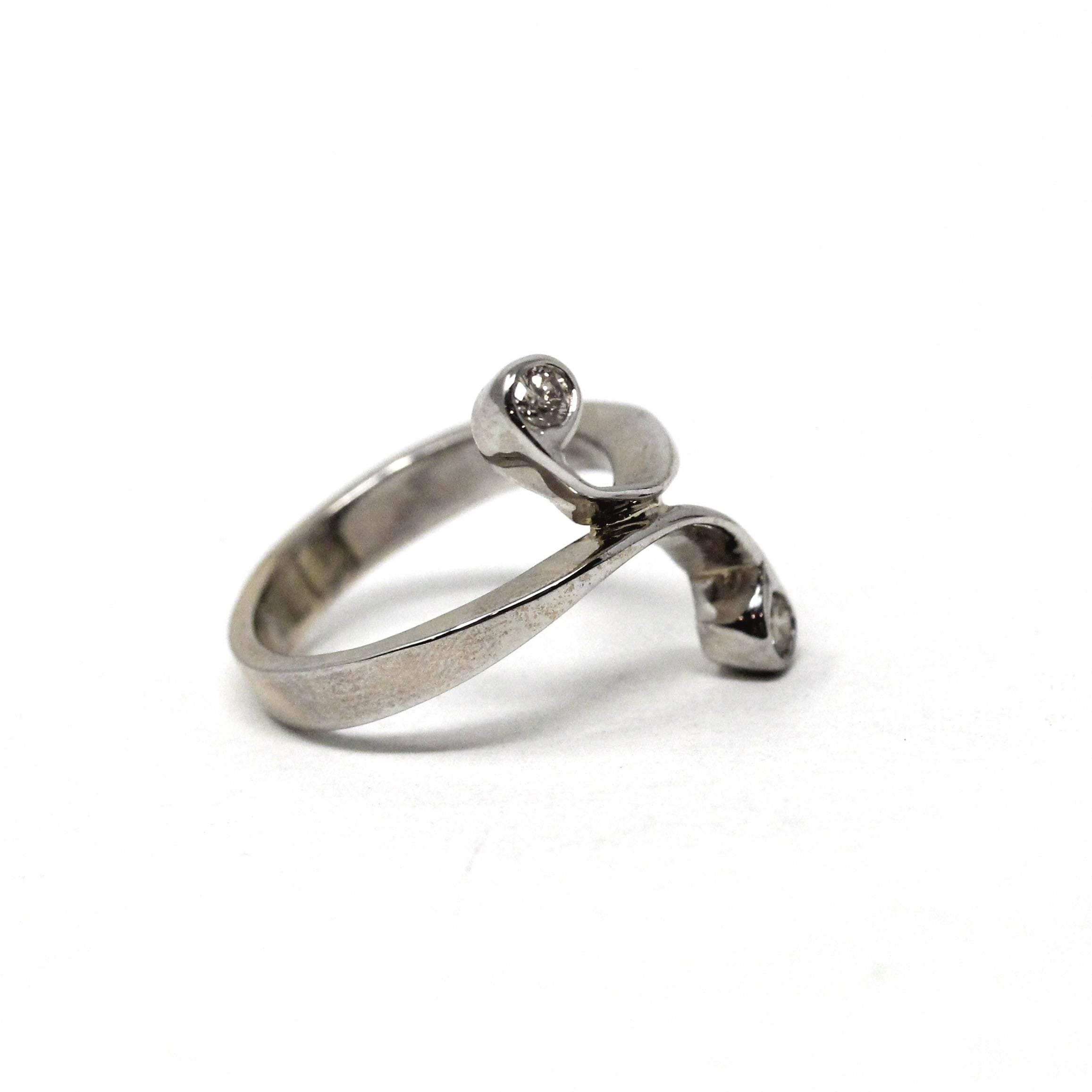 Diamond Bypass Ring - Estate 14k White Gold .12 CTW Bypass Band - Modern 2000s Size 3 1/2 Swoop Swirl April Birthstone Freeform Fine Jewelry