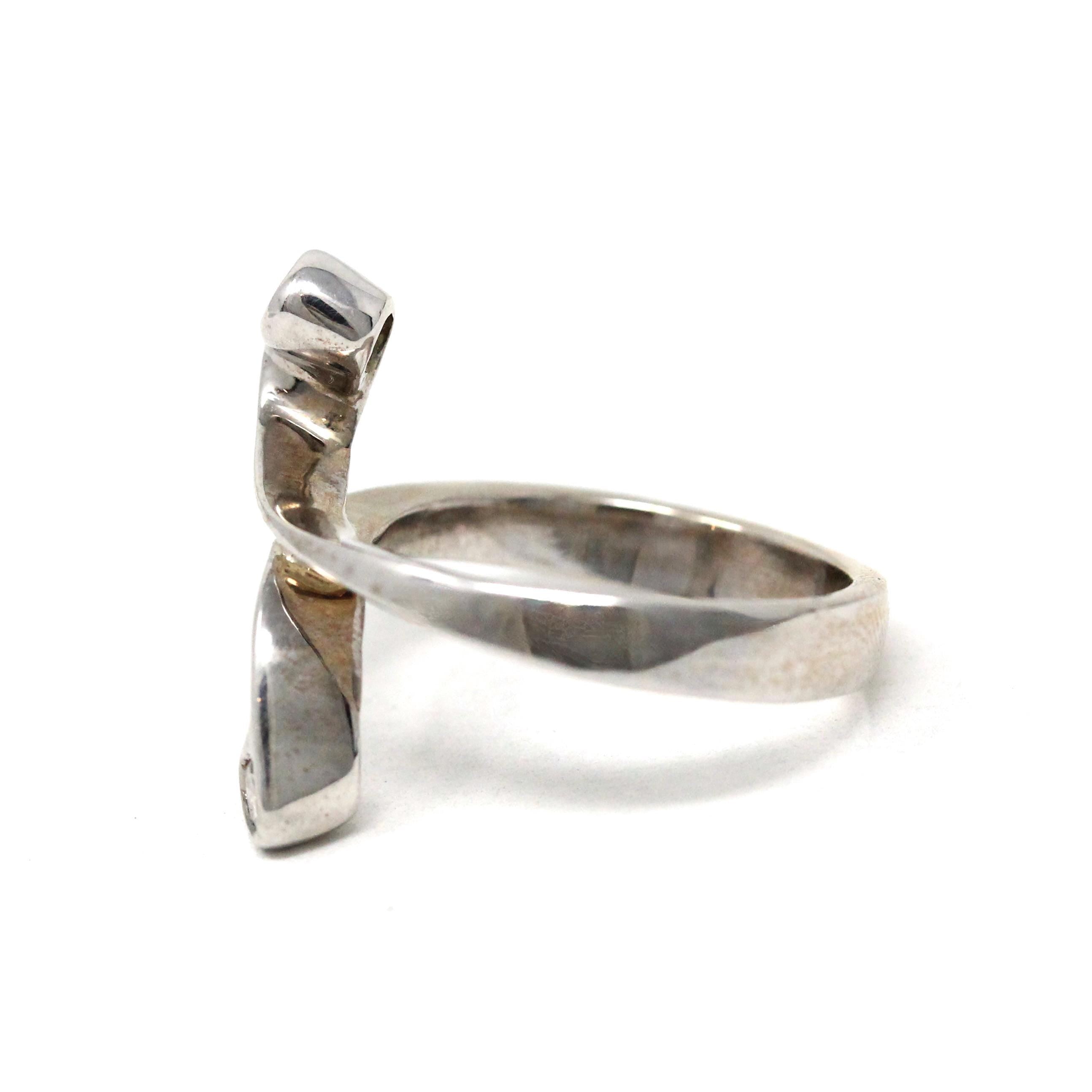 Diamond Bypass Ring - Estate 14k White Gold .12 CTW Bypass Band - Modern 2000s Size 3 1/2 Swoop Swirl April Birthstone Freeform Fine Jewelry