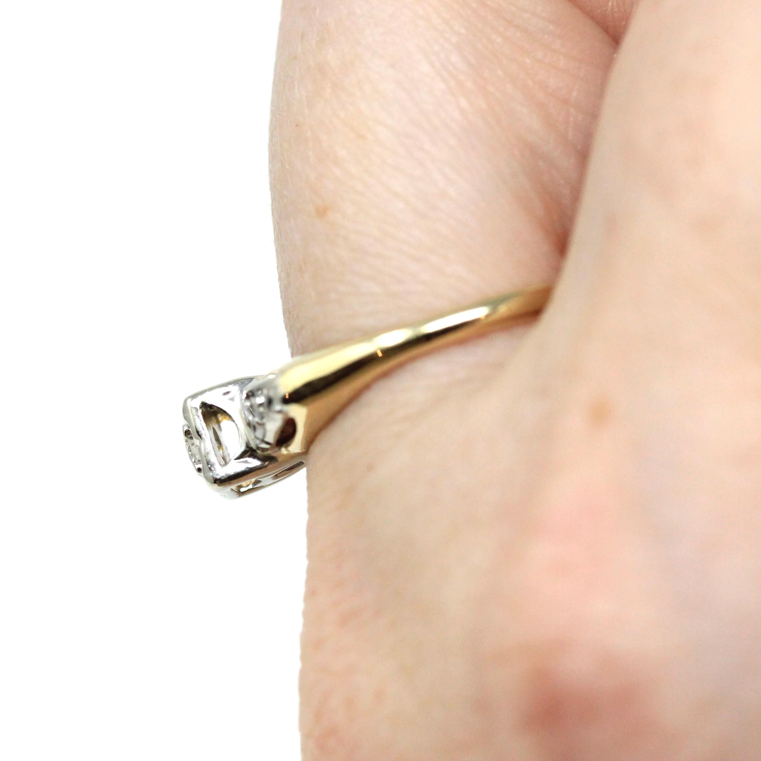 Vintage Diamond Ring - Mid Century 14k Yellow & White Gold .07 CTW Natural Solitaire Engagement - Circa 50s Size 6.75 Illusion Fine Jewelry