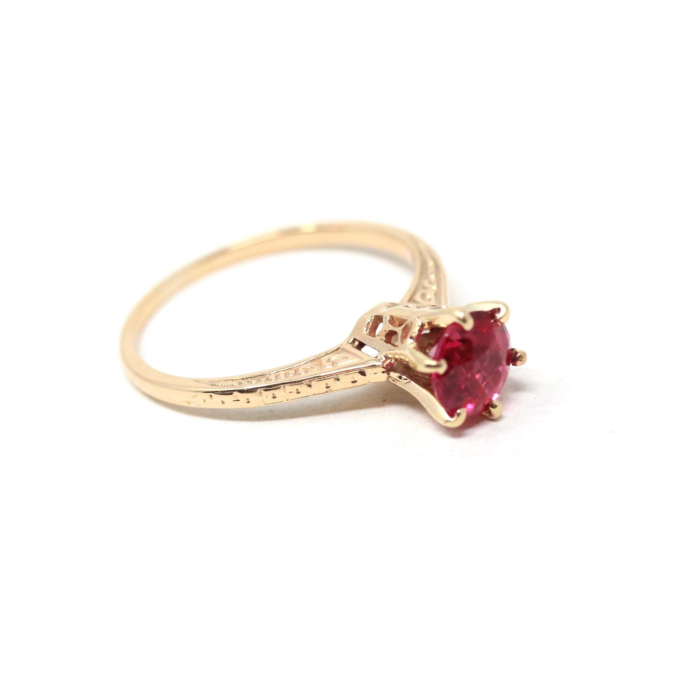 Vintage Solitaire Ring - Art Deco 10k Yellow Gold Created Pink Red Ruby - Circa 1930s Era Size 5 1/2 July Birthstone Fine Engraved Jewelry