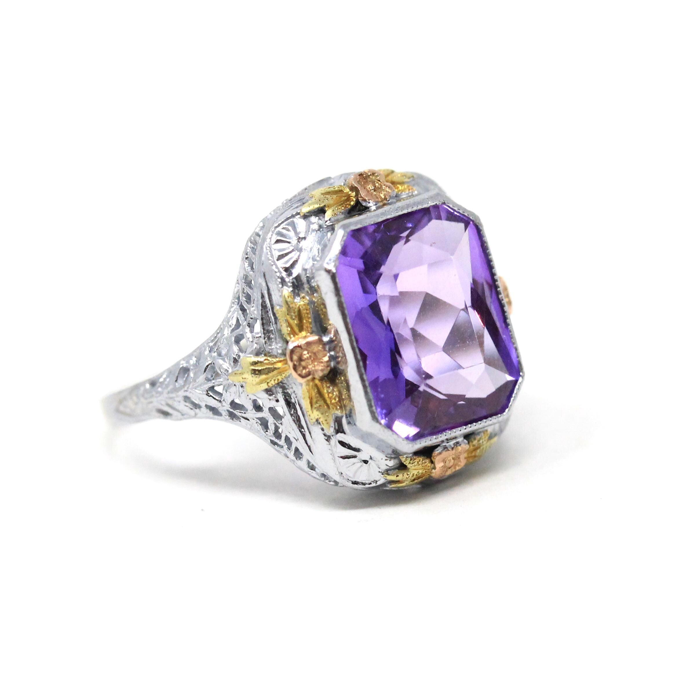 Art Deco Filigree Ring - Vintage 10k White Gold Created Color Change Purple Pink Sapphire - Circa 1930s Size 7 3/4 Tri Color Fine Jewelry
