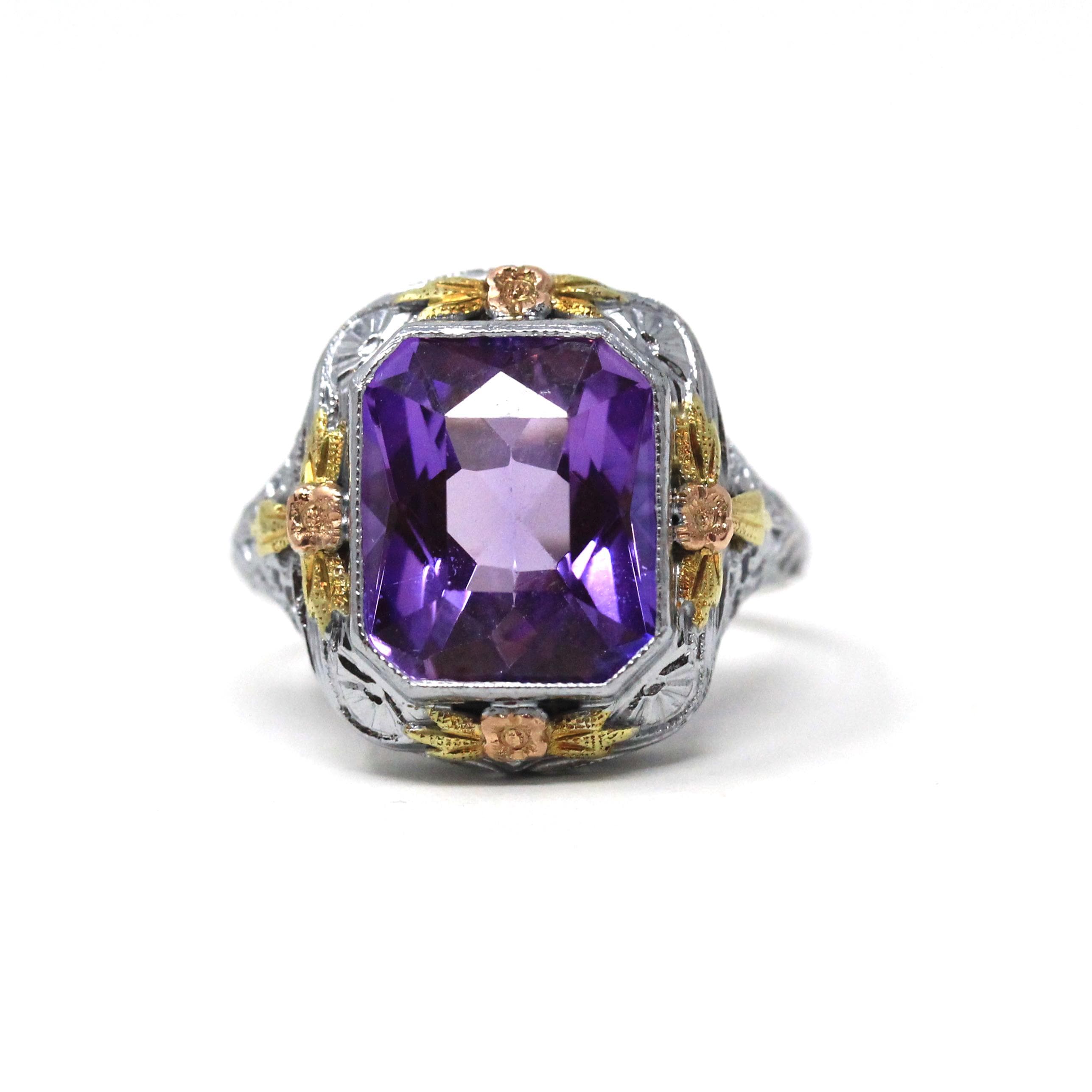 Art Deco Filigree Ring - Vintage 10k White Gold Created Color Change Purple Pink Sapphire - Circa 1930s Size 7 3/4 Tri Color Fine Jewelry
