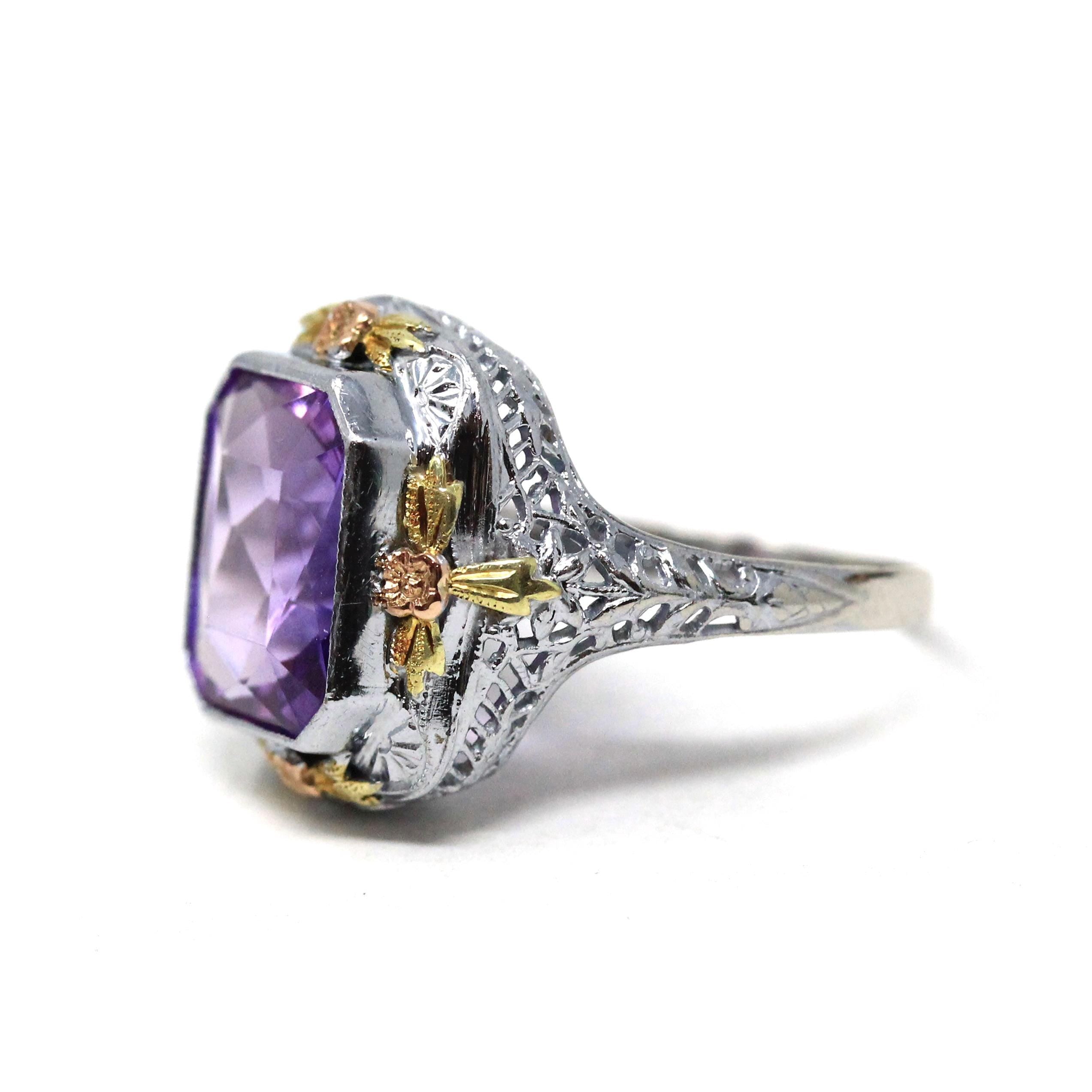 Art Deco Filigree Ring - Vintage 10k White Gold Created Color Change Purple Pink Sapphire - Circa 1930s Size 7 3/4 Tri Color Fine Jewelry