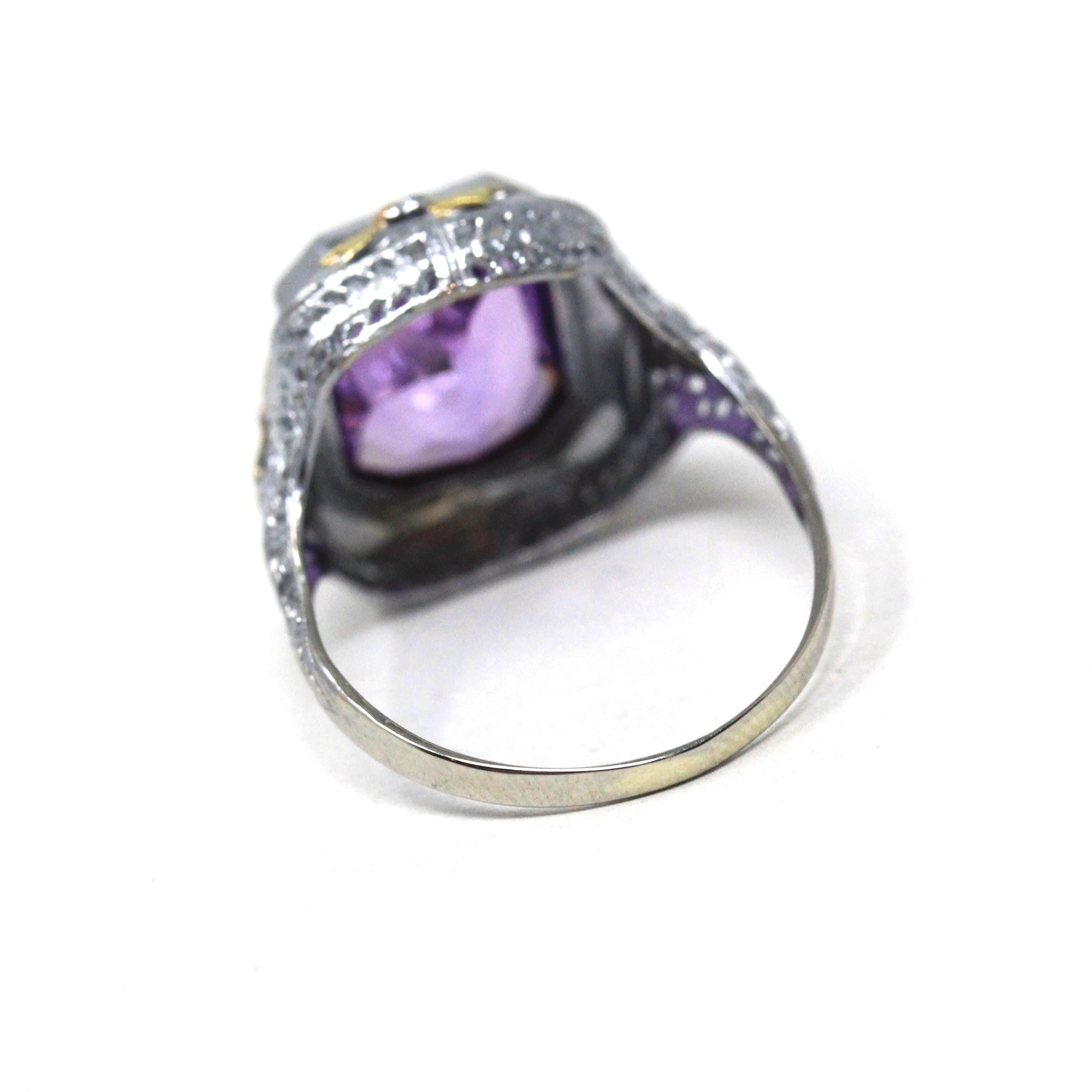 Art Deco Filigree Ring - Vintage 10k White Gold Created Color Change Purple Pink Sapphire - Circa 1930s Size 7 3/4 Tri Color Fine Jewelry