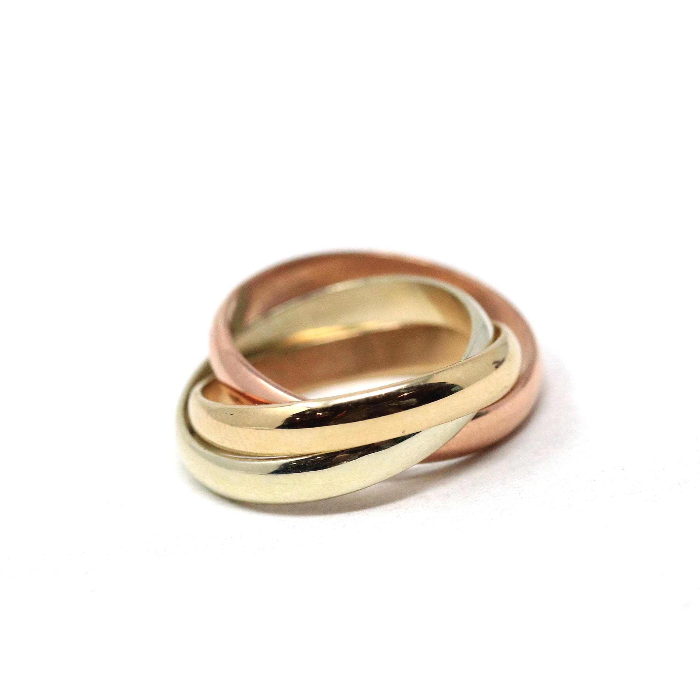 Rolling Trinity Ring - Vintage 9k Yellow Rose & White Gold Three Interlocking Bands - Modern Estate 1988 Size 3 1/4 Multi Tone Fine Jewelry