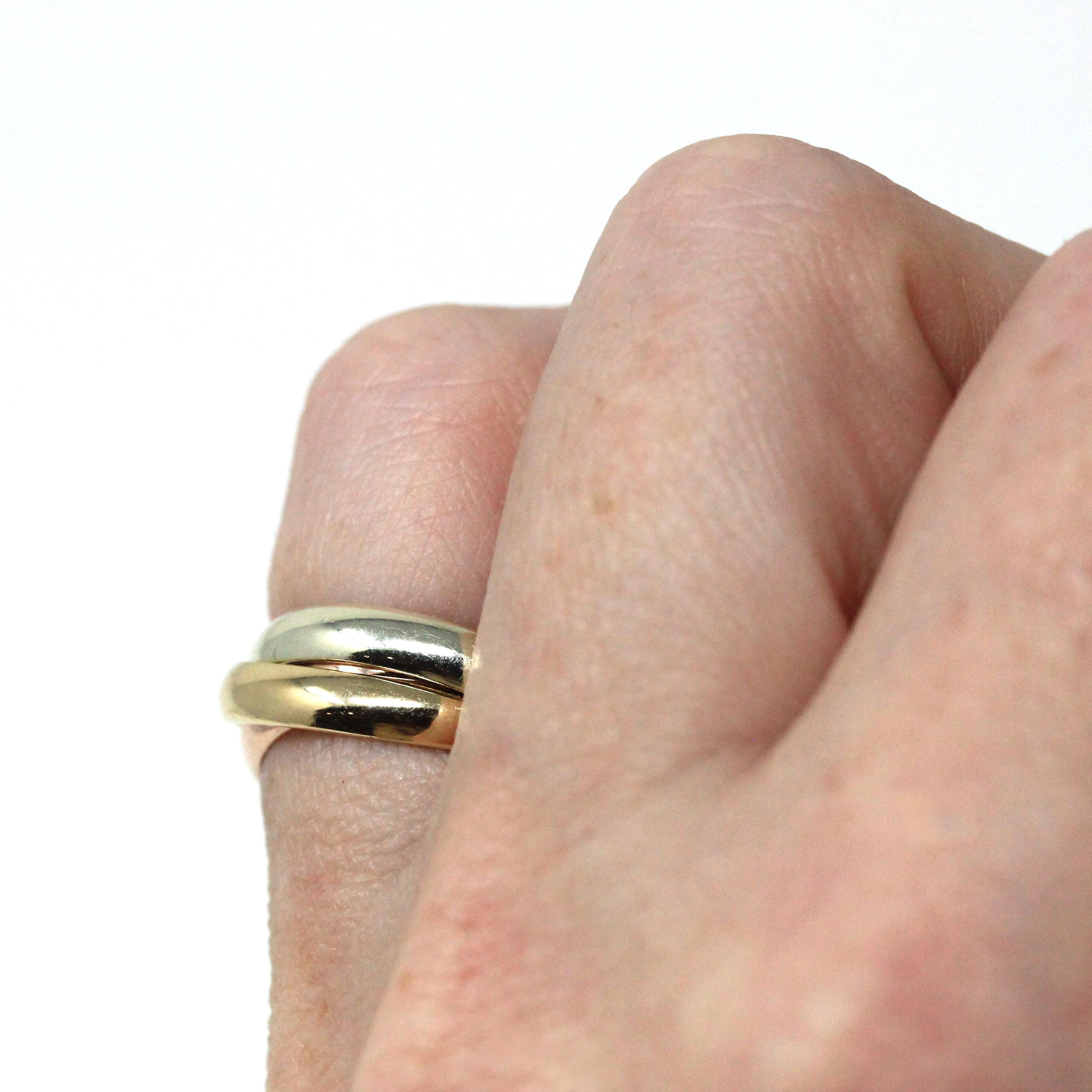 Rolling Trinity Ring - Vintage 9k Yellow Rose & White Gold Three Interlocking Bands - Modern Estate 1988 Size 3 1/4 Multi Tone Fine Jewelry