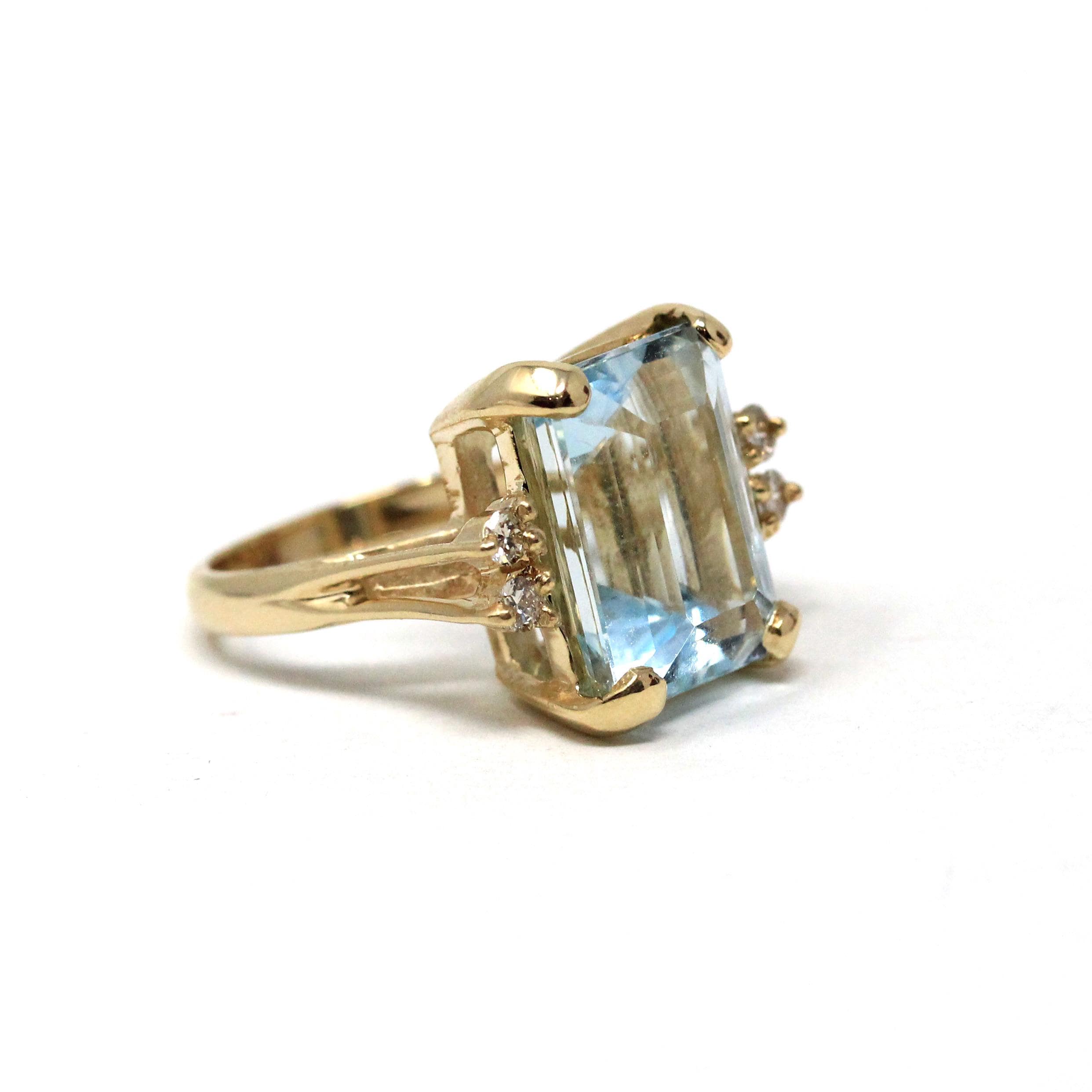 Estate Aquamarine Ring - Modern 14k Yellow Gold Natural Emerald Cut Gem & Diamond Accents - Circa 2000s Size 5 3/4 Fine Statement Jewelry