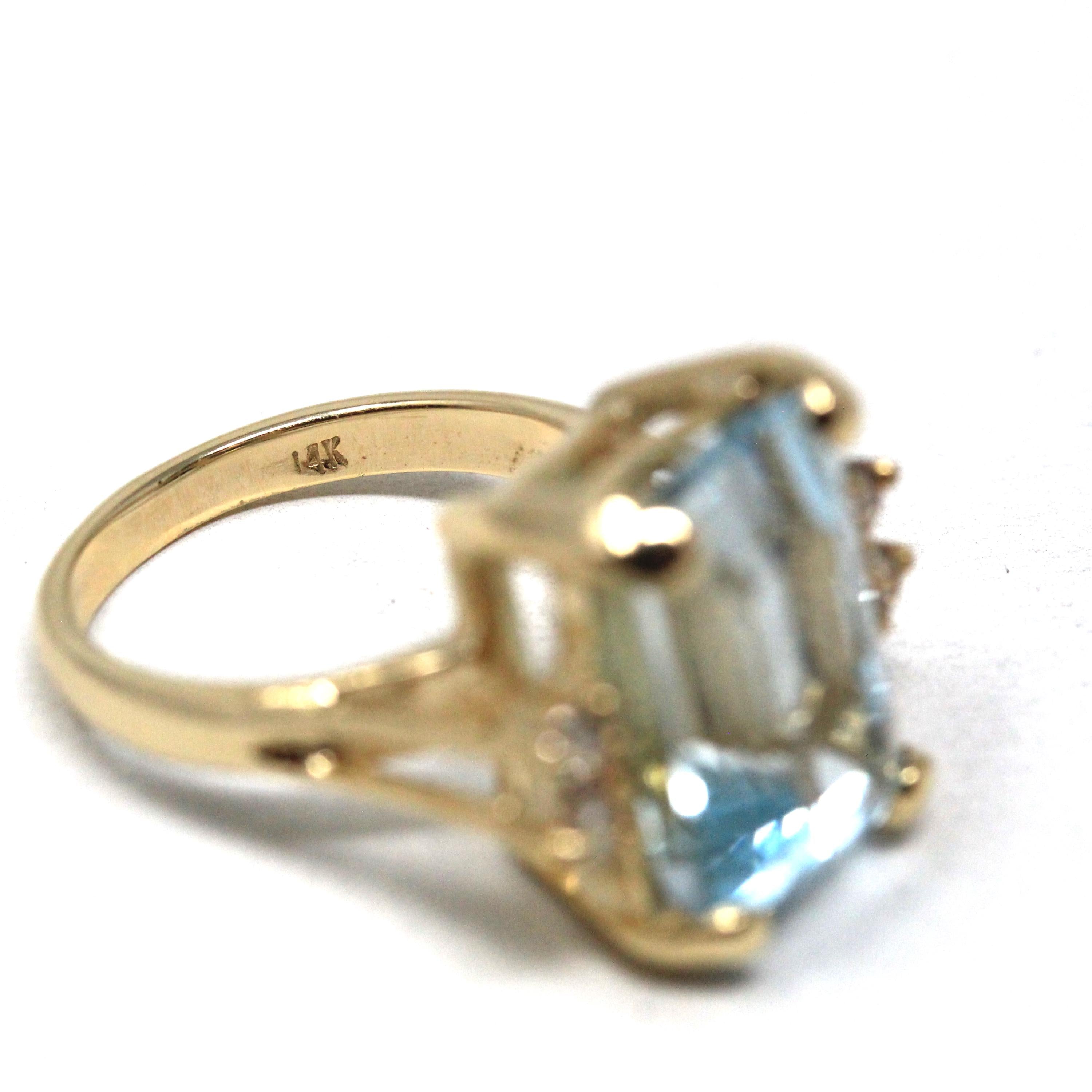 Estate Aquamarine Ring - Modern 14k Yellow Gold Natural Emerald Cut Gem & Diamond Accents - Circa 2000s Size 5 3/4 Fine Statement Jewelry