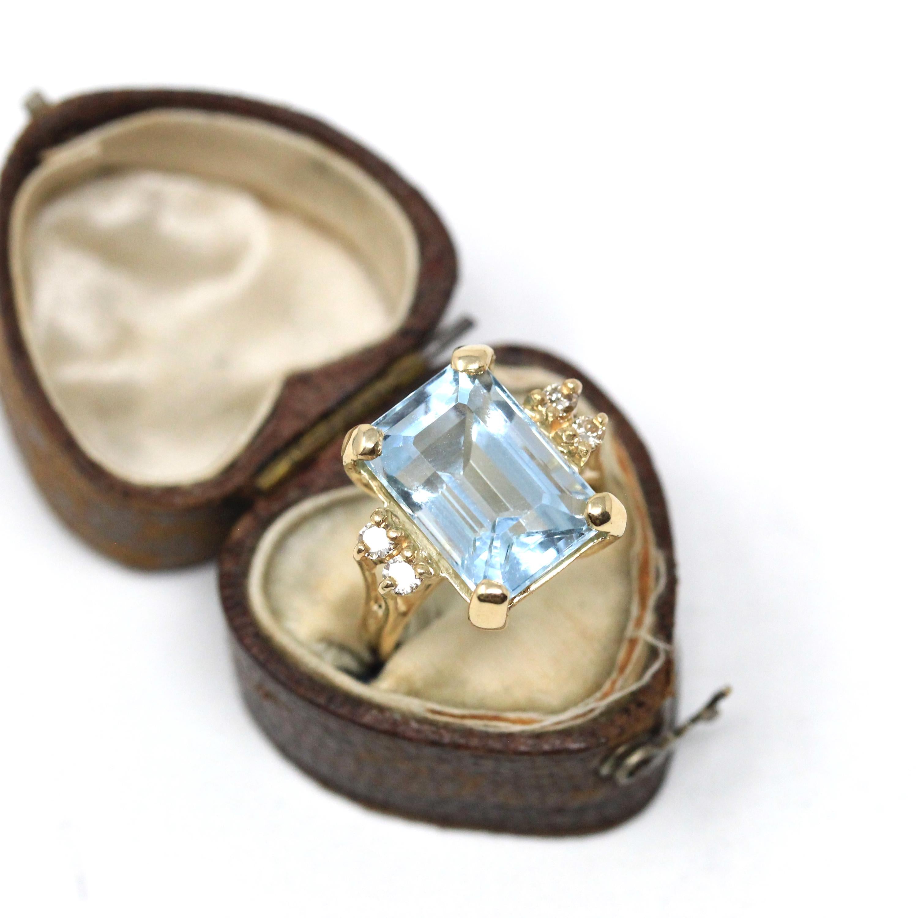 Estate Aquamarine Ring - Modern 14k Yellow Gold Natural Emerald Cut Gem & Diamond Accents - Circa 2000s Size 5 3/4 Fine Statement Jewelry