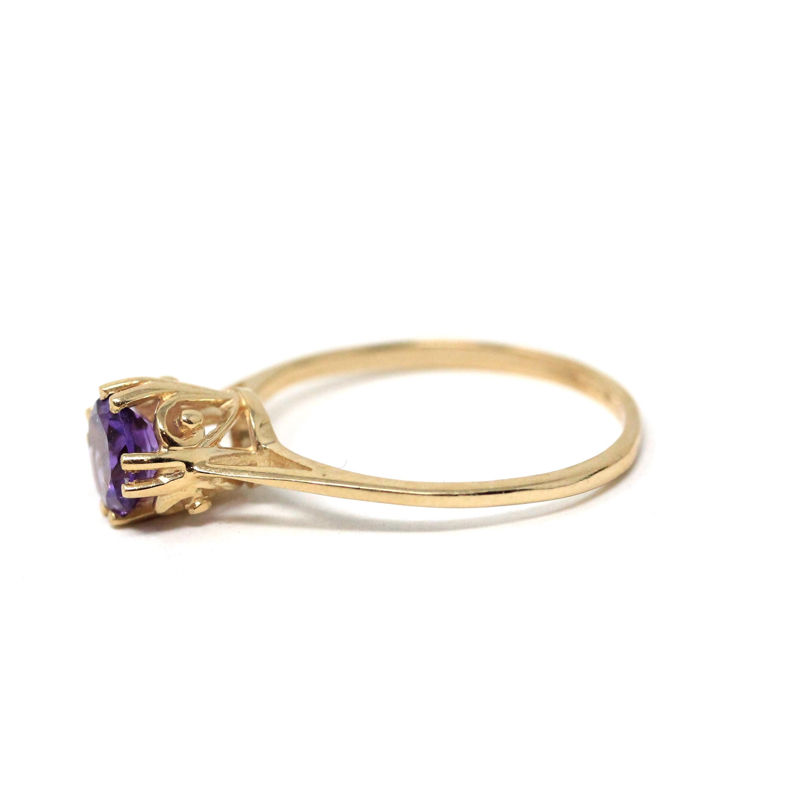 Estate Amethyst Ring - Modern 10k Yellow Gold Round Faceted .60 CT Purple Gemstone - Circa 2000s Size 7 3/4 February Birthstone Fine Jewelry