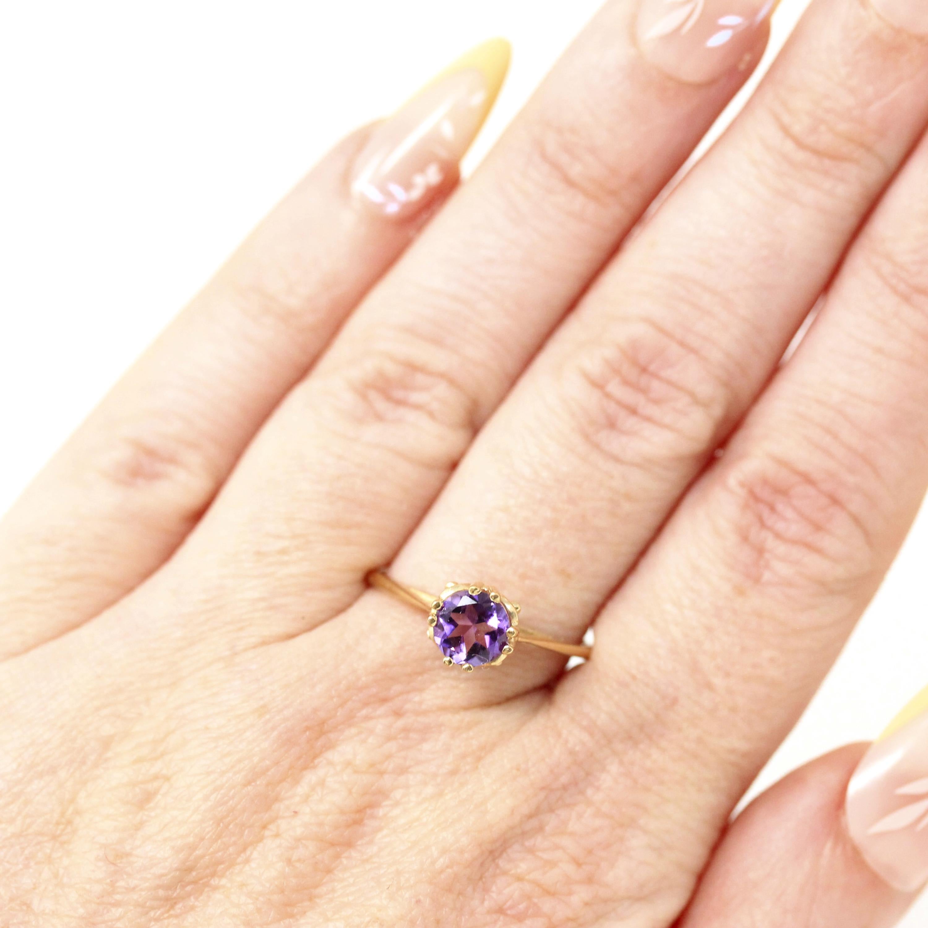 Estate Amethyst Ring - Modern 10k Yellow Gold Round Faceted .60 CT Purple Gemstone - Circa 2000s Size 7 3/4 February Birthstone Fine Jewelry