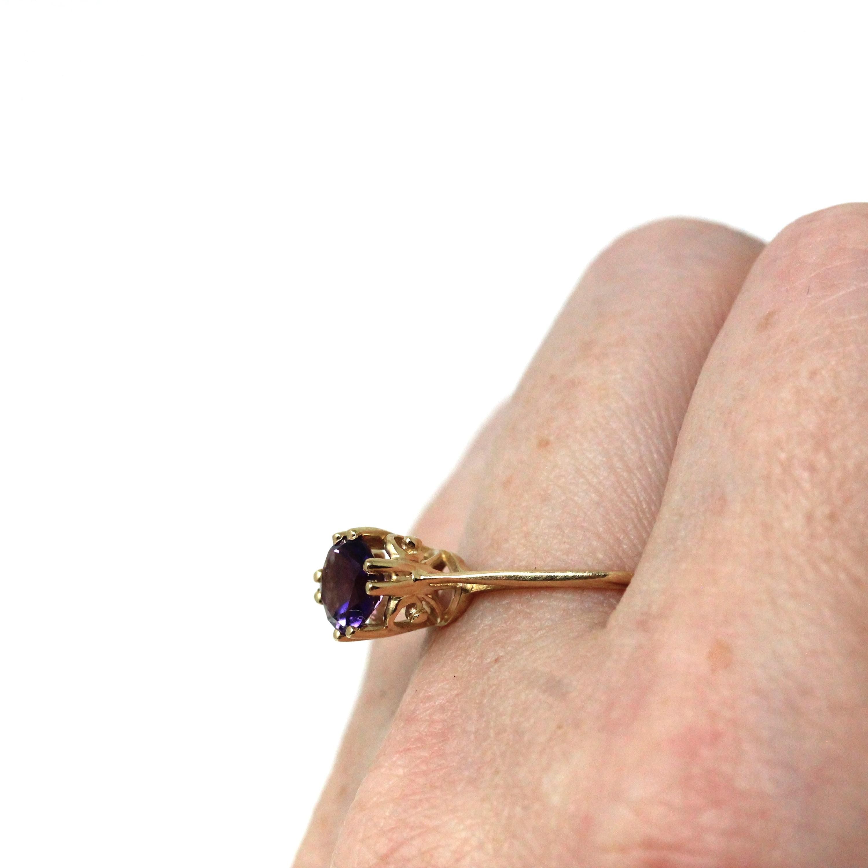Estate Amethyst Ring - Modern 10k Yellow Gold Round Faceted .60 CT Purple Gemstone - Circa 2000s Size 7 3/4 February Birthstone Fine Jewelry