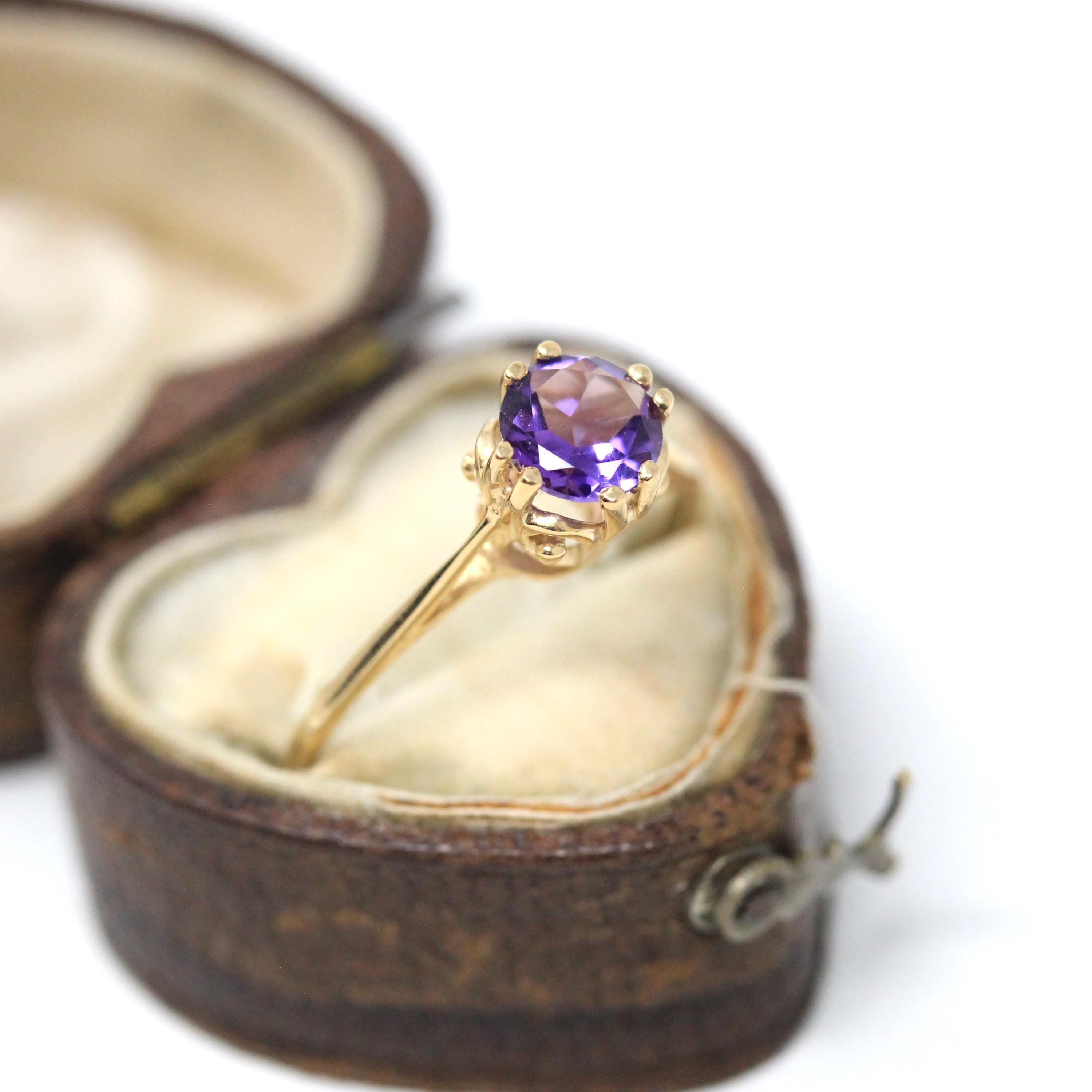 Estate Amethyst Ring - Modern 10k Yellow Gold Round Faceted .60 CT Purple Gemstone - Circa 2000s Size 7 3/4 February Birthstone Fine Jewelry