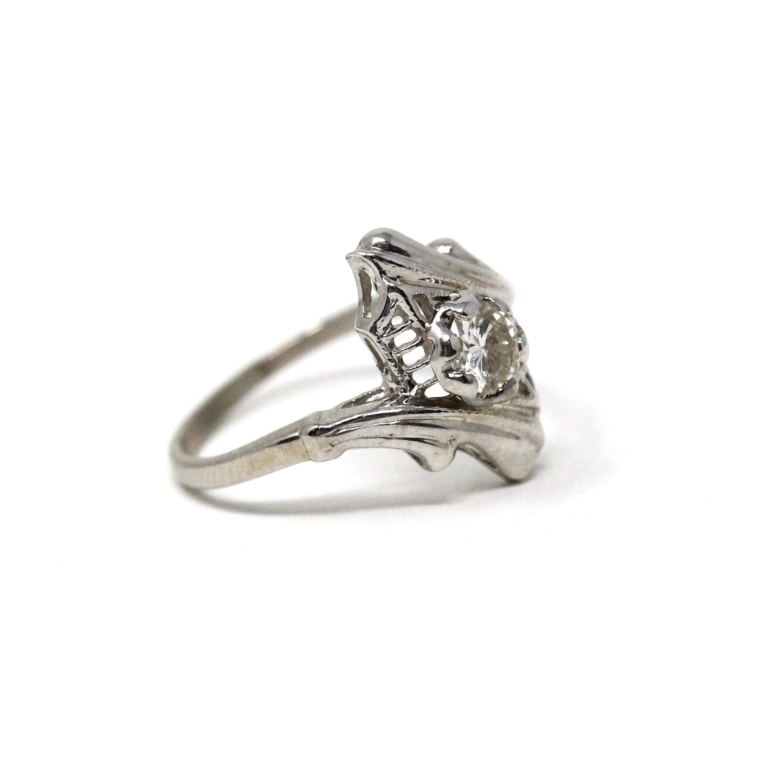 Art Deco Bypass Ring - Vintage 14k White Gold Solitaire Round 0.32 CT Diamond Gemstone - Circa 1930s Era Size 4 1/2 Fine Statement Jewelry