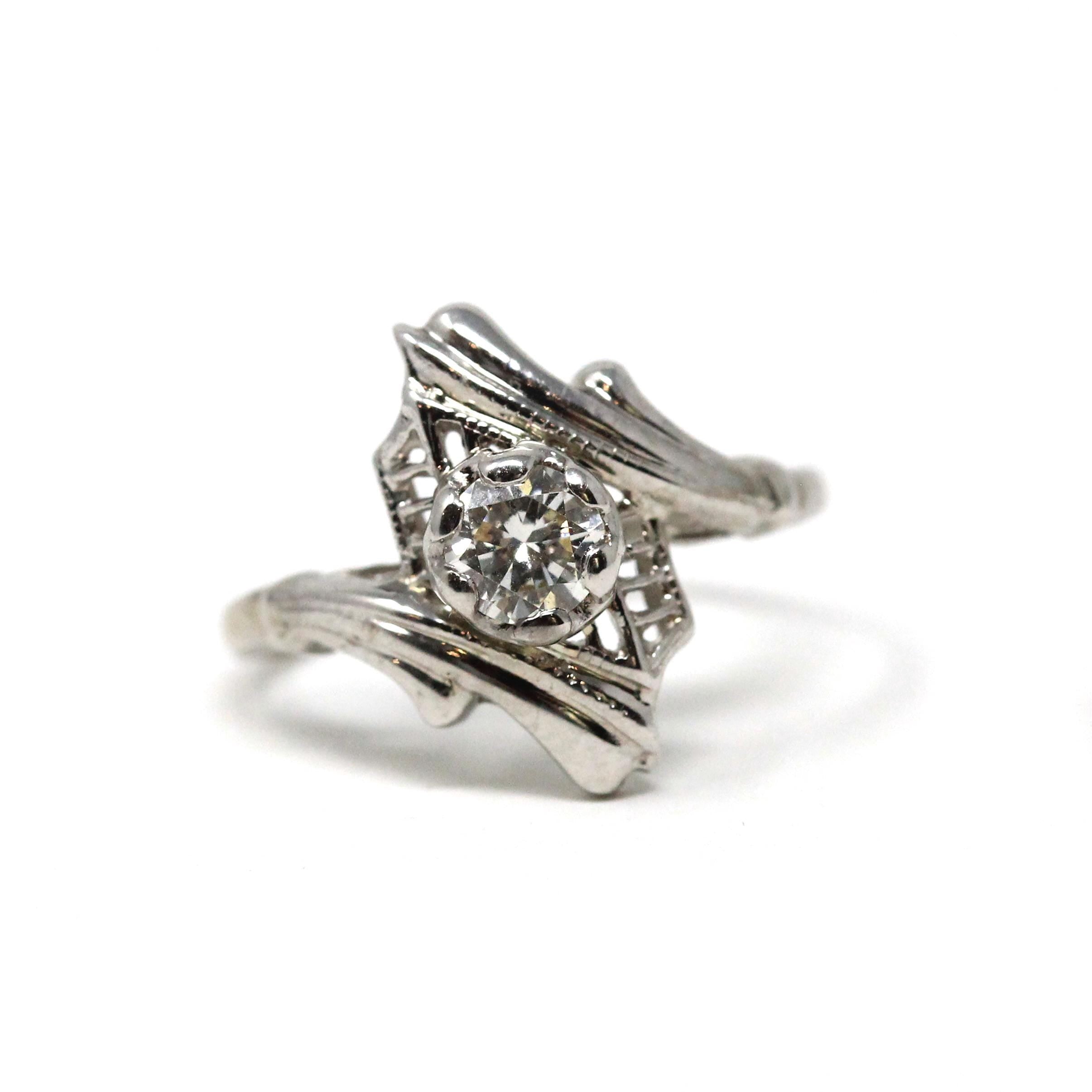 Art Deco Bypass Ring - Vintage 14k White Gold Solitaire Round 0.32 CT Diamond Gemstone - Circa 1930s Era Size 4 1/2 Fine Statement Jewelry