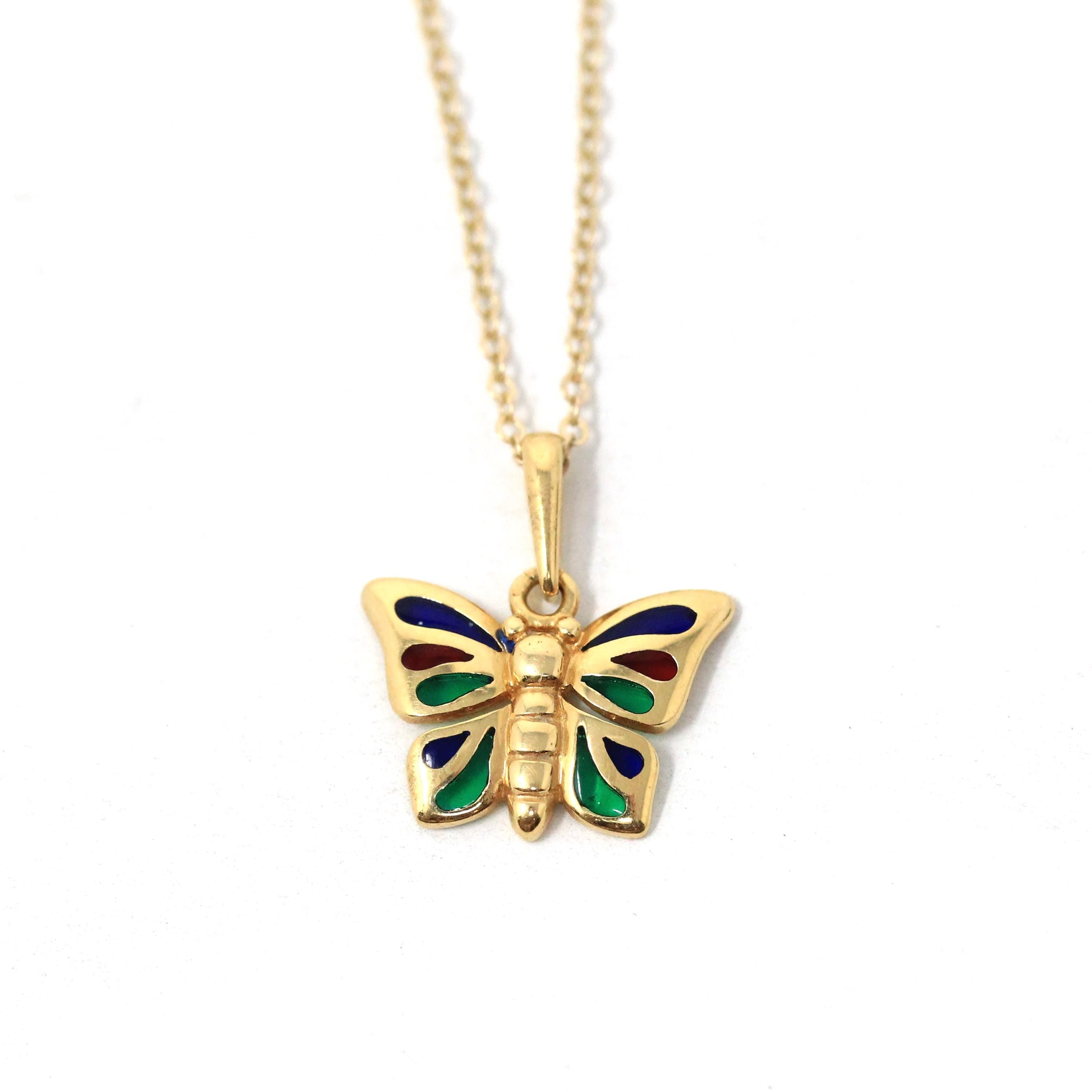 Modern Butterfly Necklace - Estate 18k Yellow Gold Flying Bug Colorful Pendant Charm - Circa 2000s Red Blue Green Glass Inlay Fine Jewelry