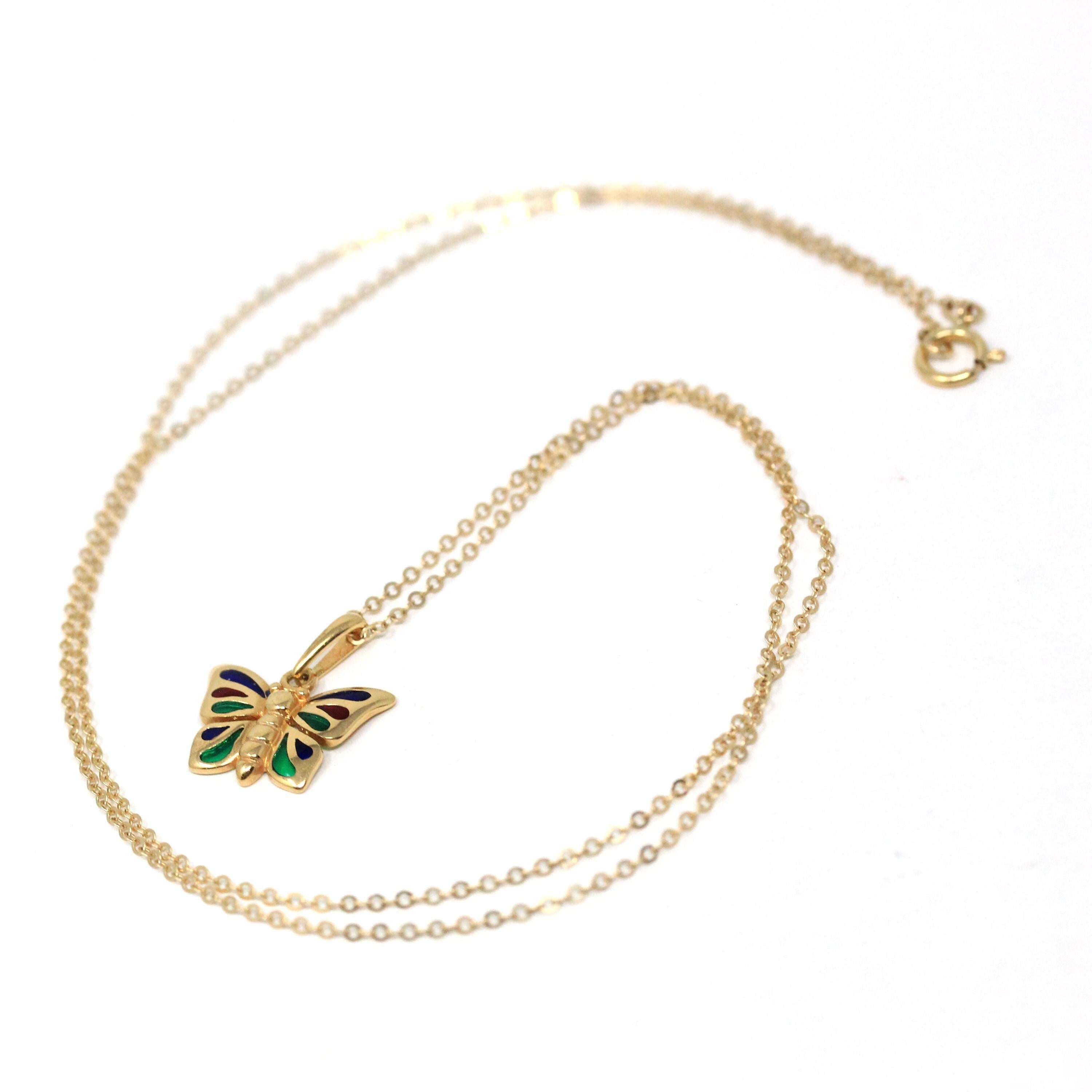 Modern Butterfly Necklace - Estate 18k Yellow Gold Flying Bug Colorful Pendant Charm - Circa 2000s Red Blue Green Glass Inlay Fine Jewelry