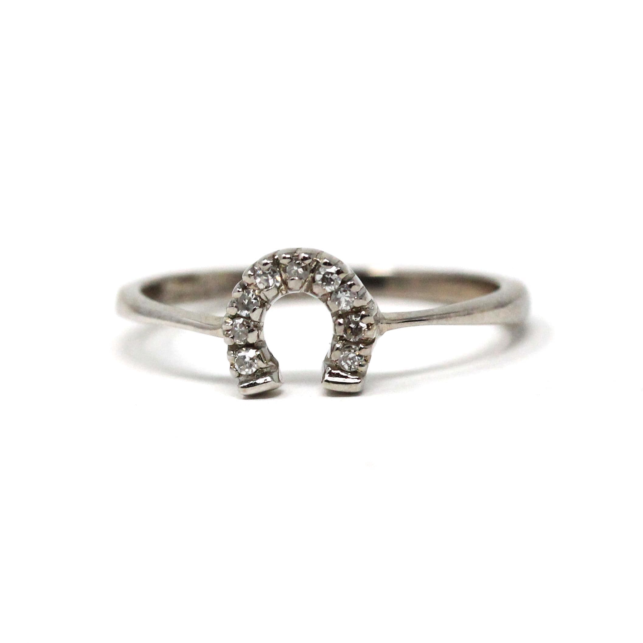 Diamond Horseshoe Ring - Modern 10k White Gold Natural Gemstones - Estate Dainty Size 6 1/4 Equestrian Horse Good Luck Love Joy Fine Jewelry