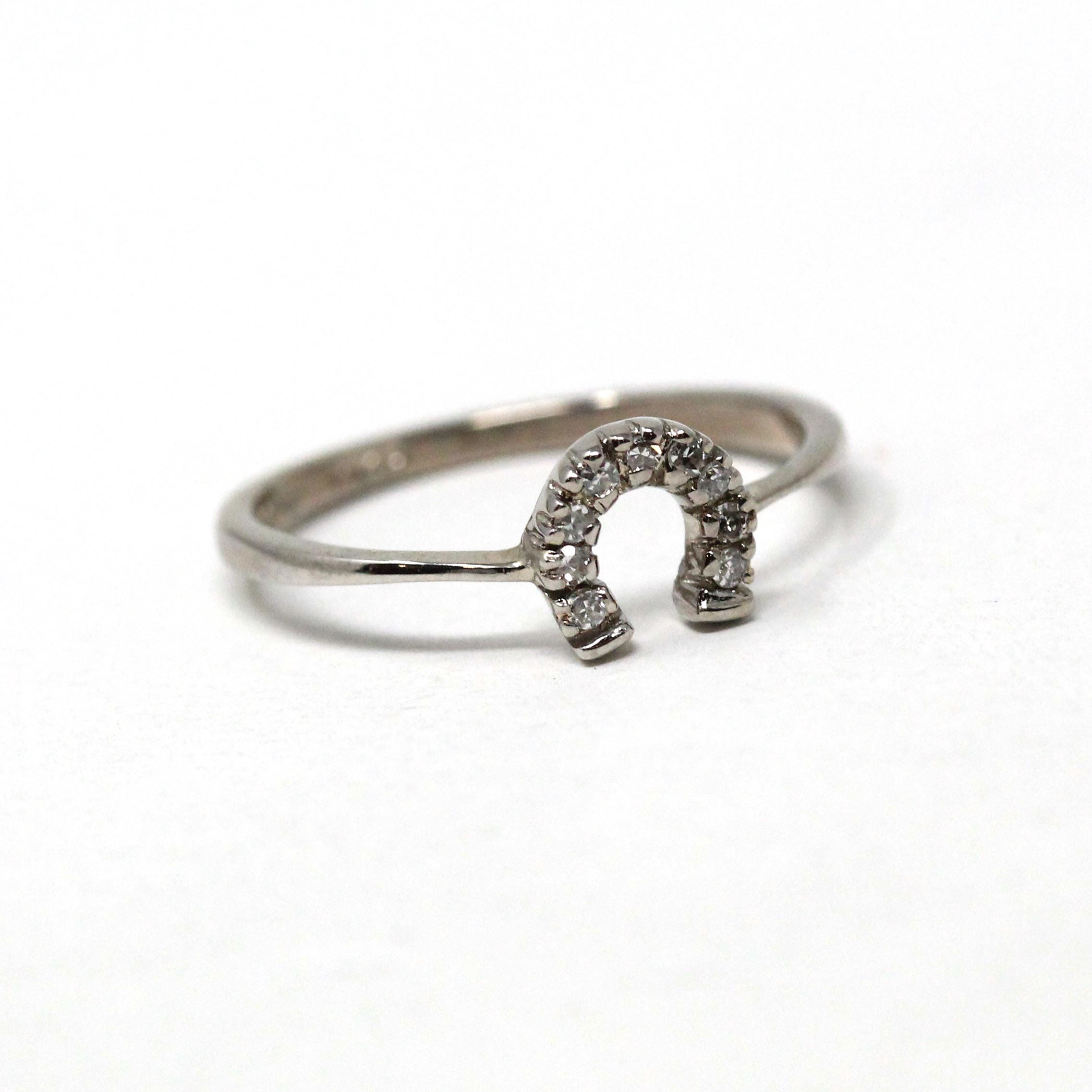 Diamond Horseshoe Ring - Modern 10k White Gold Natural Gemstones - Estate Dainty Size 6 1/4 Equestrian Horse Good Luck Love Joy Fine Jewelry