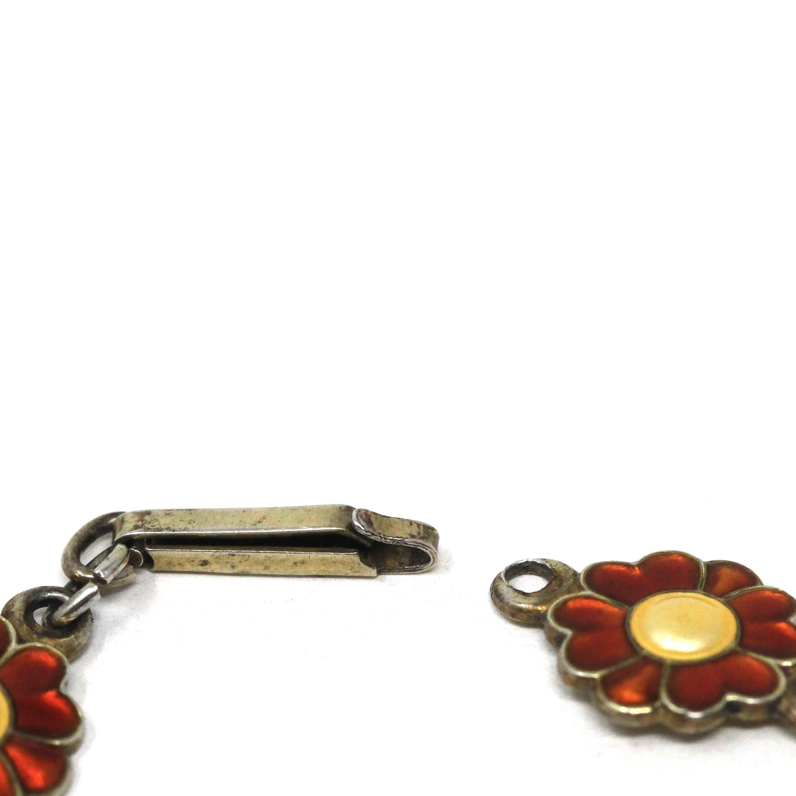 Guilloche Enamel Bracelet - Vintage Silver Orange Yellow Flower Panel Links - Circa 1940s Signed Einar Modahl Collectible Norwegian Jewelry