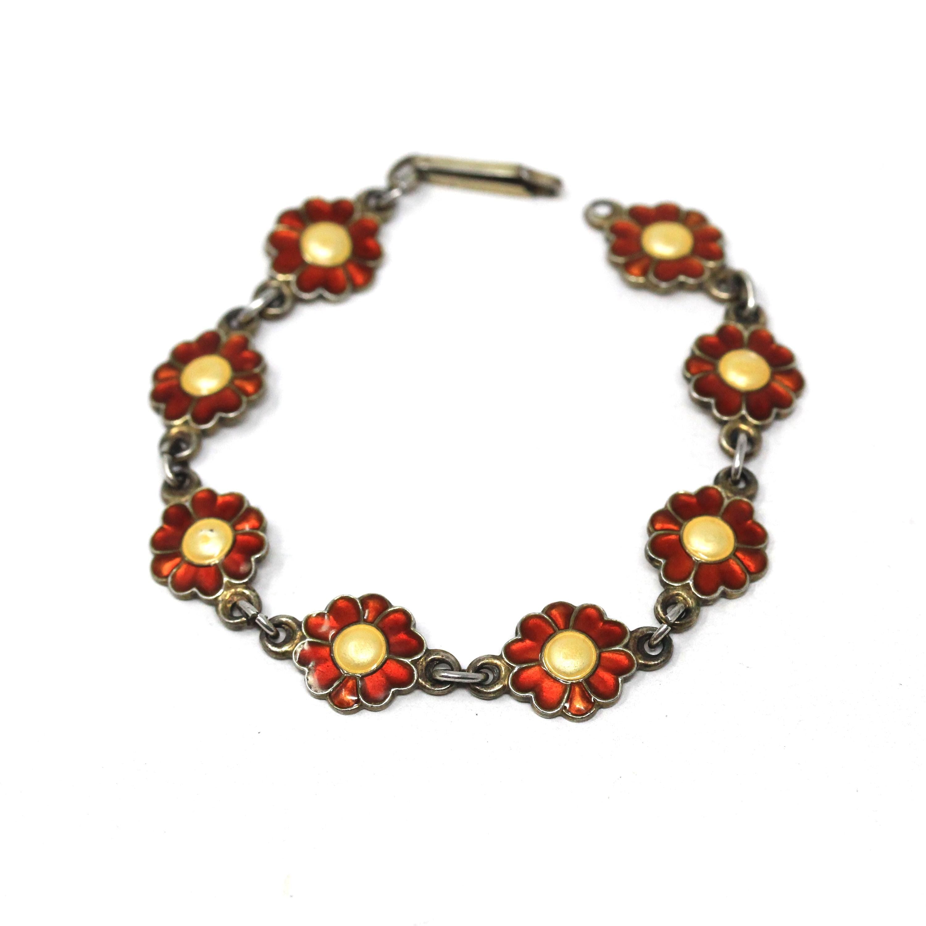 Guilloche Enamel Bracelet - Vintage Silver Orange Yellow Flower Panel Links - Circa 1940s Signed Einar Modahl Collectible Norwegian Jewelry