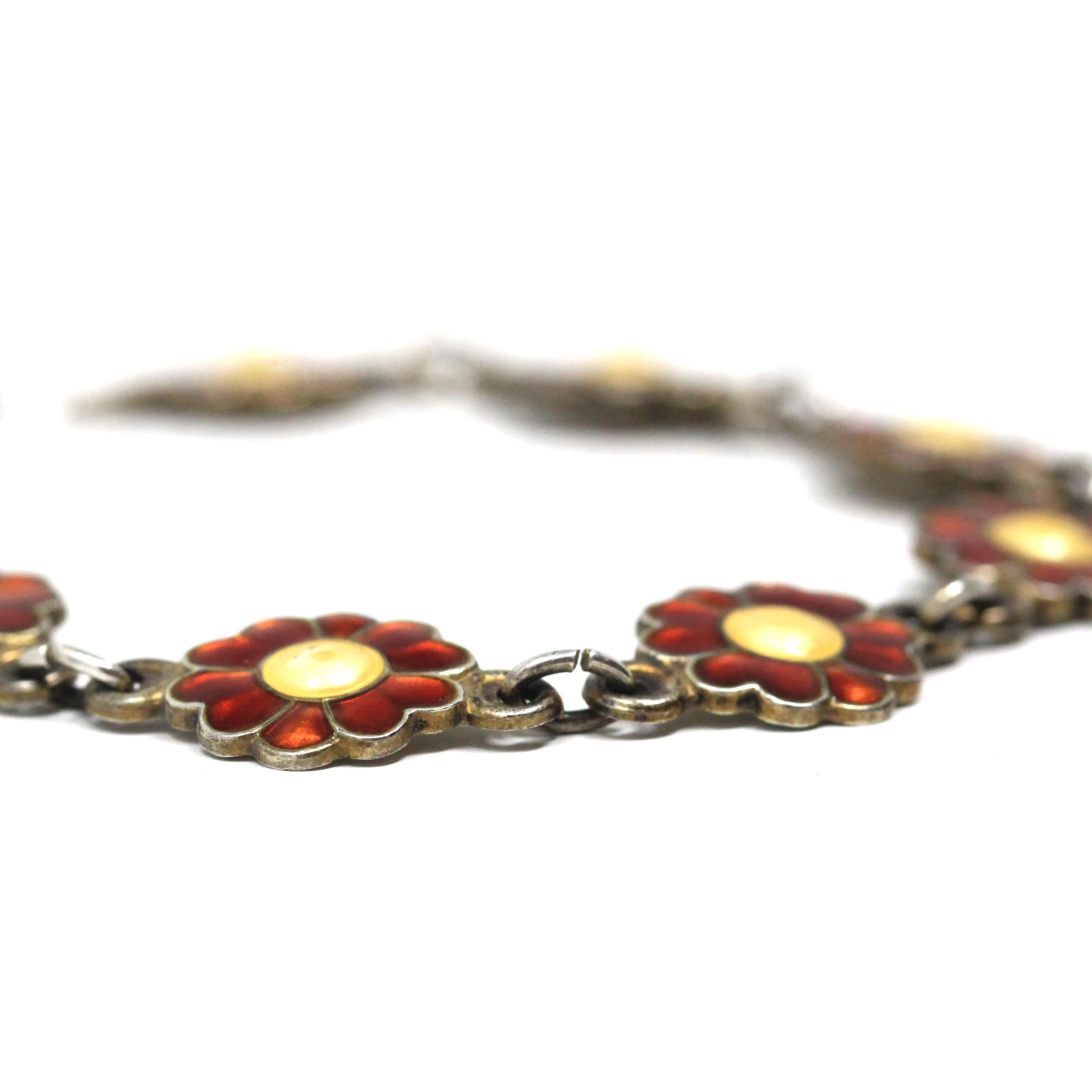 Guilloche Enamel Bracelet - Vintage Silver Orange Yellow Flower Panel Links - Circa 1940s Signed Einar Modahl Collectible Norwegian Jewelry