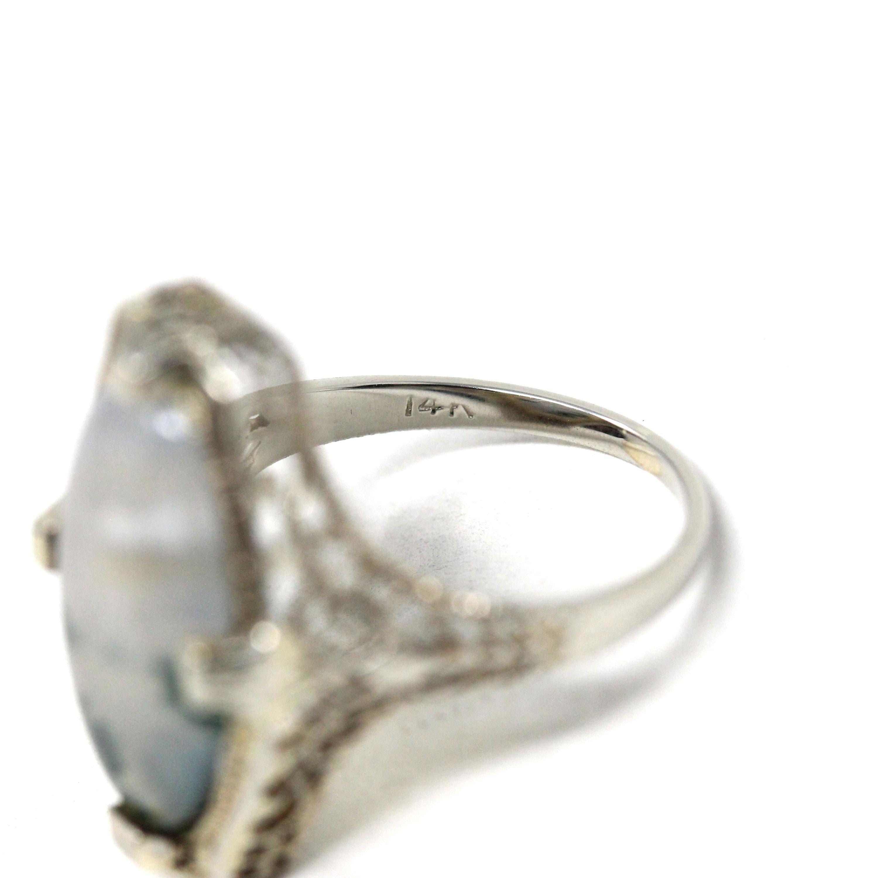 Antique Moss Agate Ring - Art Deco Era 14k White Gold Natural Gemstone - Vintage 1920s Size 3 1/2 Floral Filigree Shield Style Fine Jewelry