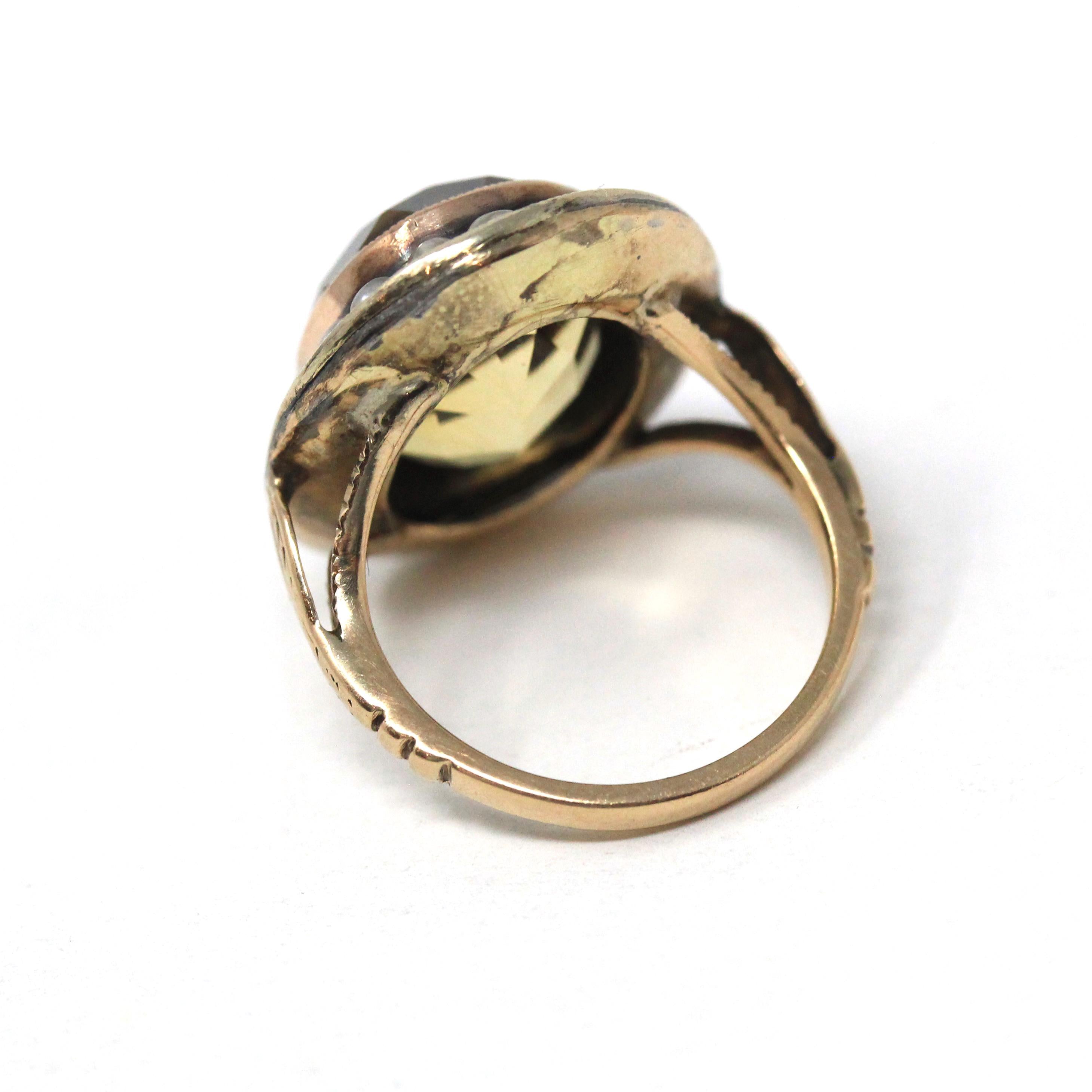 Antique Halo Ring - Edwardian 10k Yellow Gold Natural Yellow Citrine Seed Pearl Cluster Statement - Vintage 1900s Size 3 1/4 Fine Jewelry