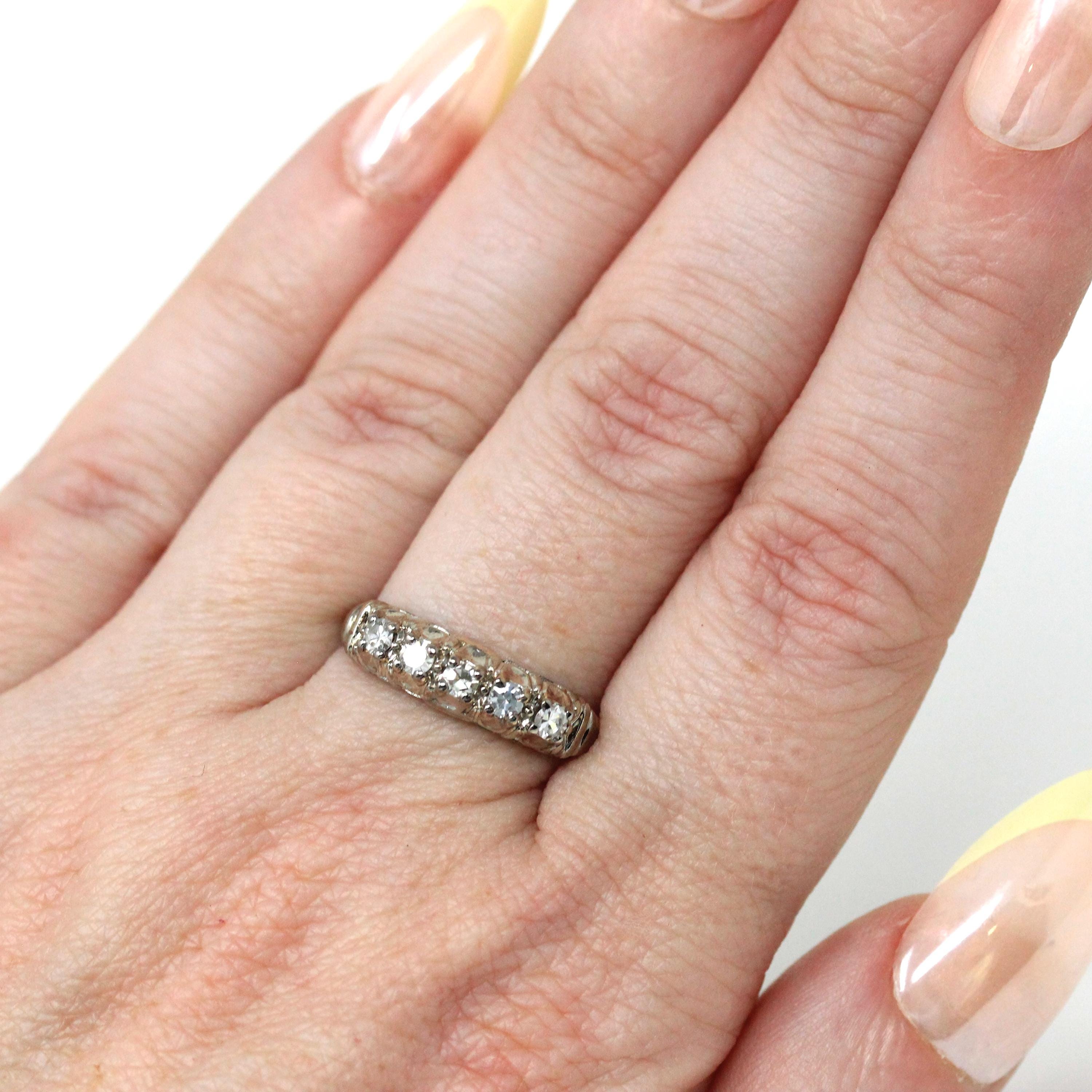 Diamond Wedding Band - Vintage 14k White Gold Natural .22 CTW Ring - Mid Century Circa 1950s Era Size 6 1/2 Stacking Fine Bridal Jewelry