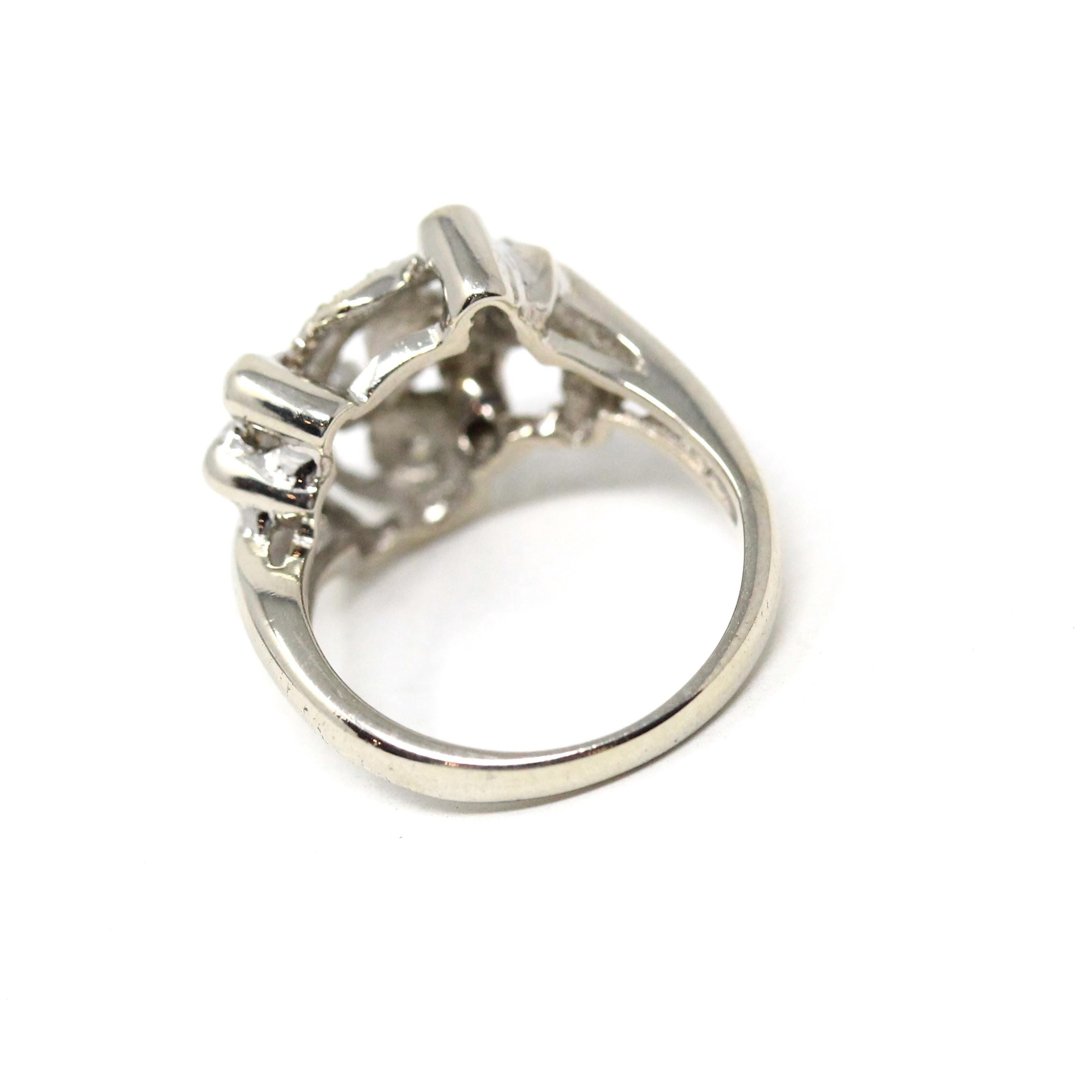 Floral Diamond Ring - Mid Century Era 14k White Gold .07 CTW Clustered Statement - Circa 1950s Size 2.75 Leaf Branch Nature Fine Jewelry