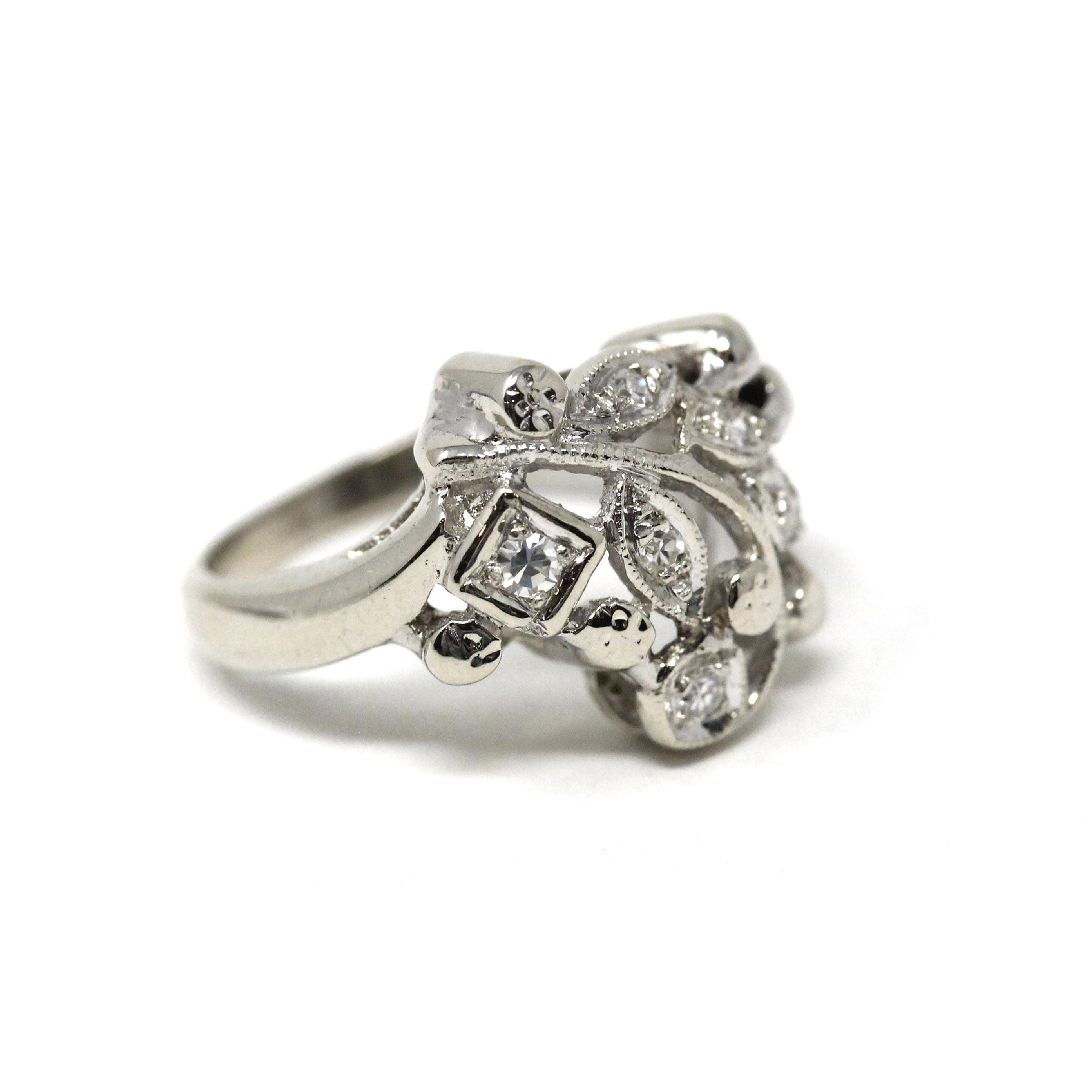 Floral Diamond Ring - Mid Century Era 14k White Gold .07 CTW Clustered Statement - Circa 1950s Size 2.75 Leaf Branch Nature Fine Jewelry