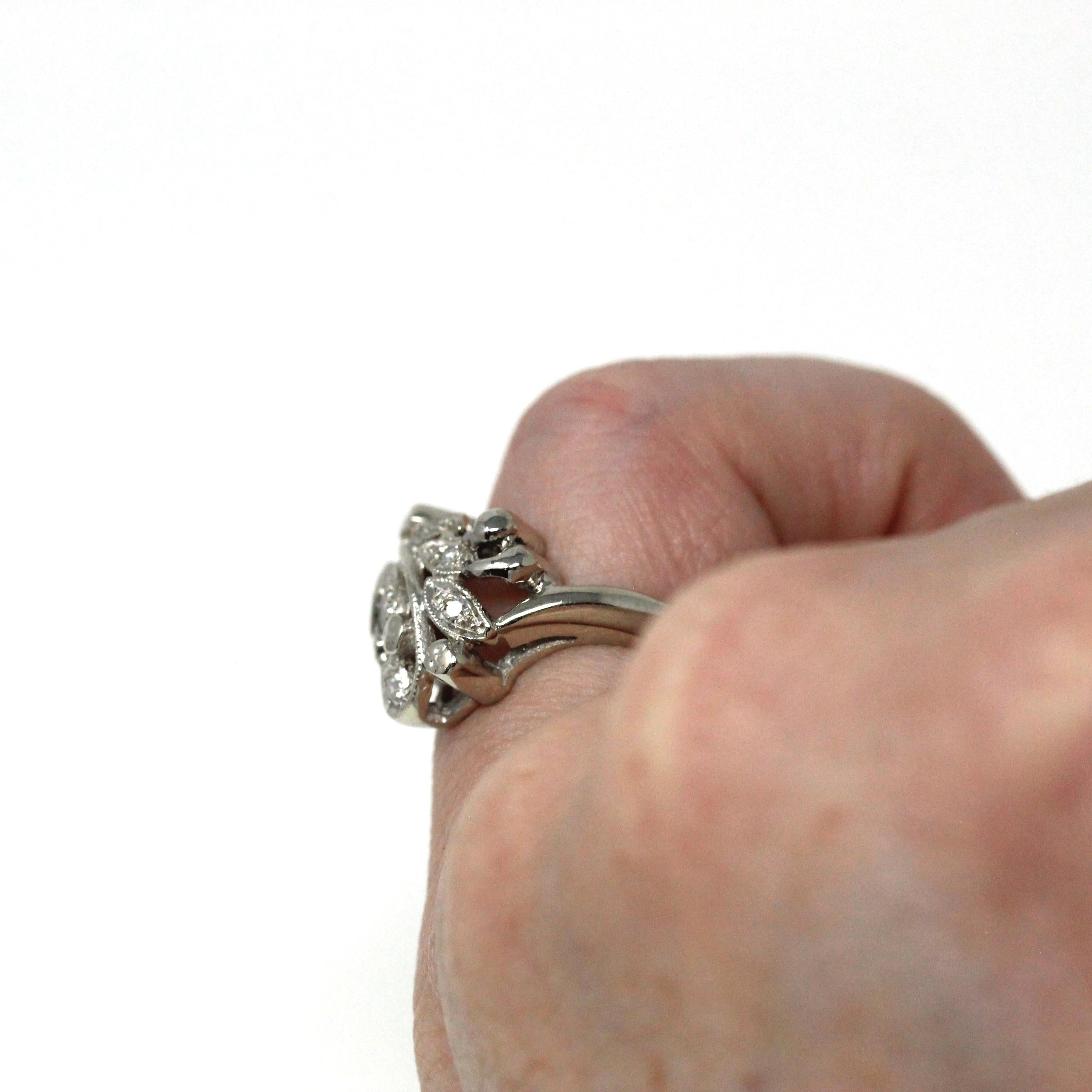 Floral Diamond Ring - Mid Century Era 14k White Gold .07 CTW Clustered Statement - Circa 1950s Size 2.75 Leaf Branch Nature Fine Jewelry