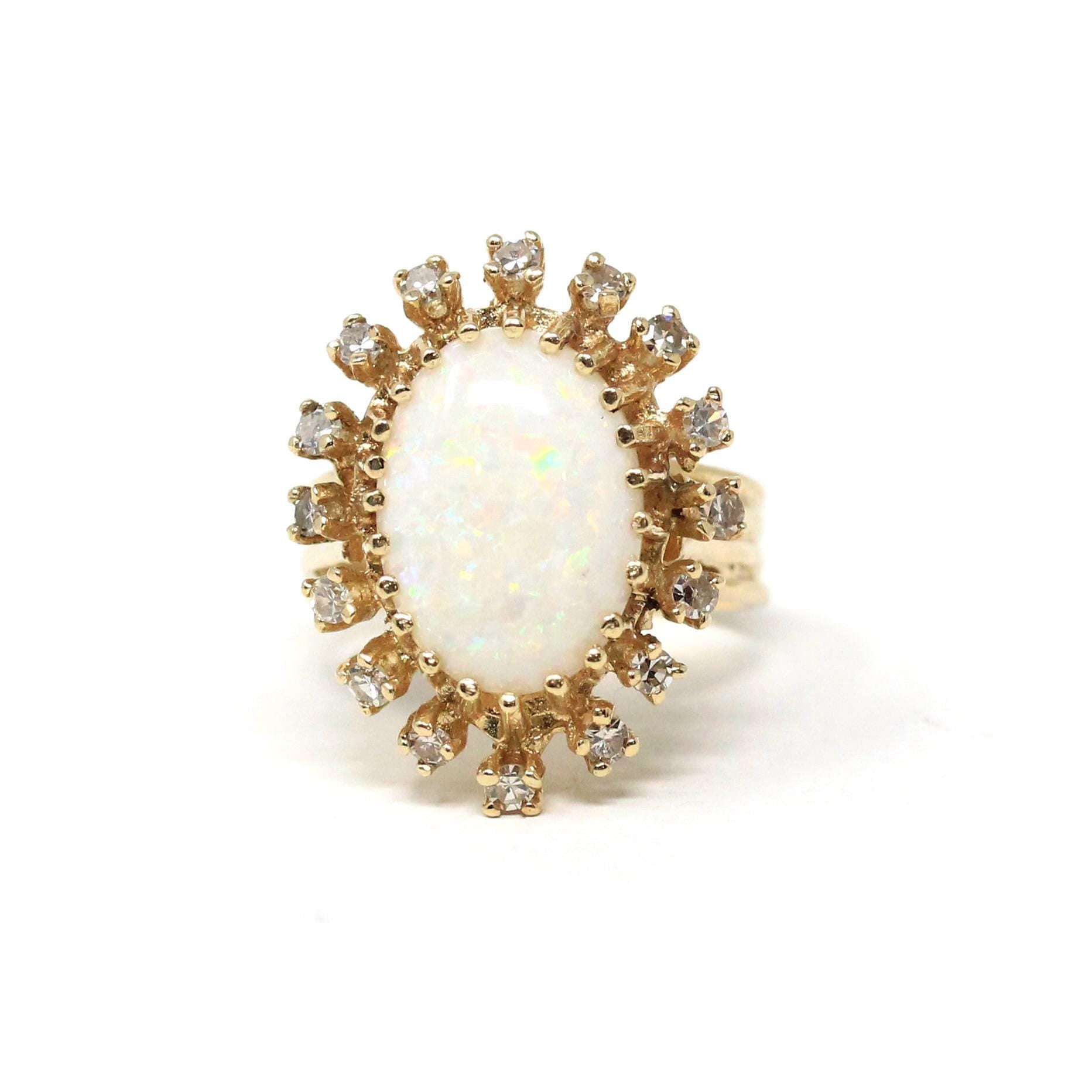 Opal Cocktail Ring - Vintage 14k Yellow Gold Cabochon Cut 3CT Gem - Circa 1970s Size 6 Diamond Halo .40 CTW Accent Retro Era Fine Jewelry