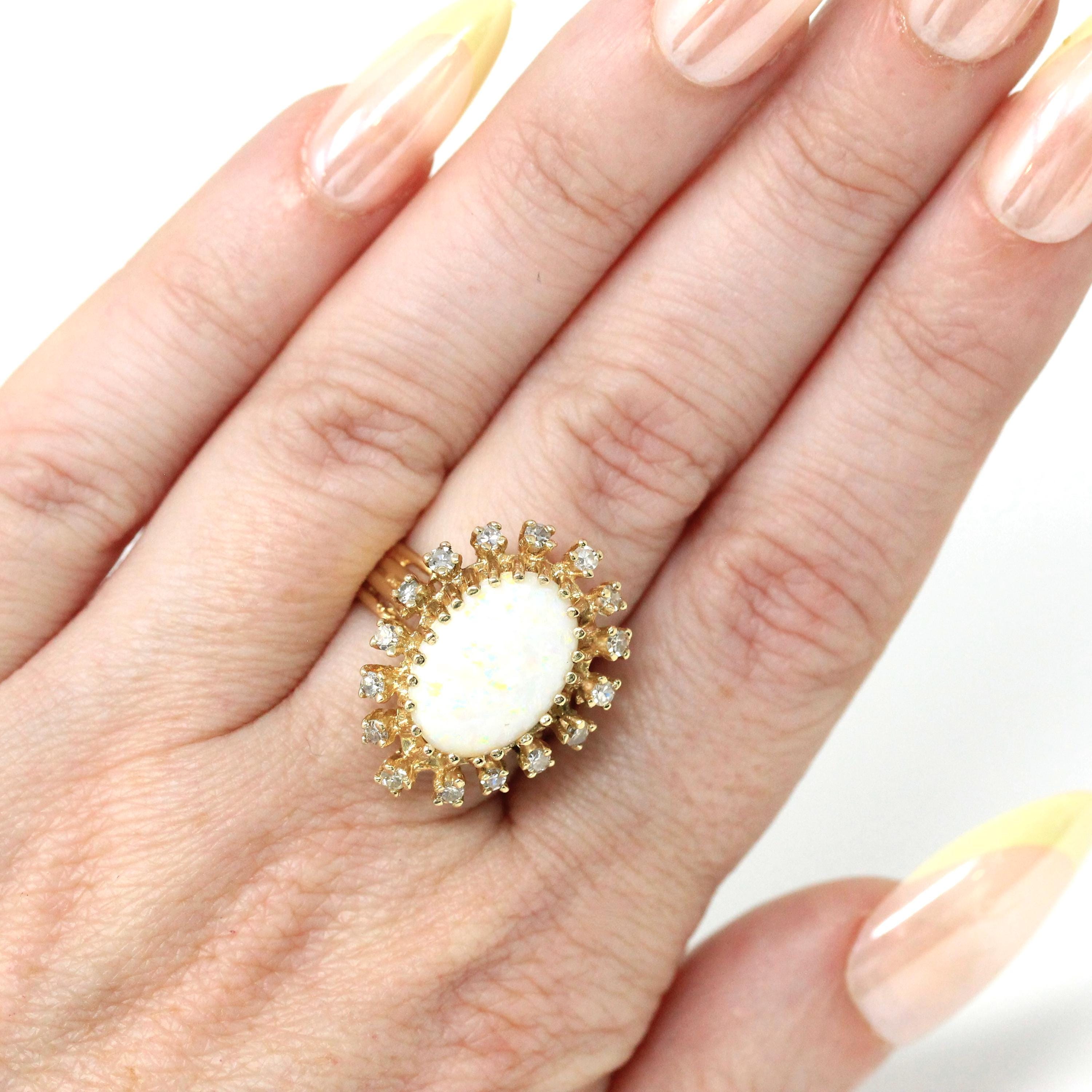Opal Cocktail Ring - Vintage 14k Yellow Gold Cabochon Cut 3CT Gem - Circa 1970s Size 6 Diamond Halo .40 CTW Accent Retro Era Fine Jewelry