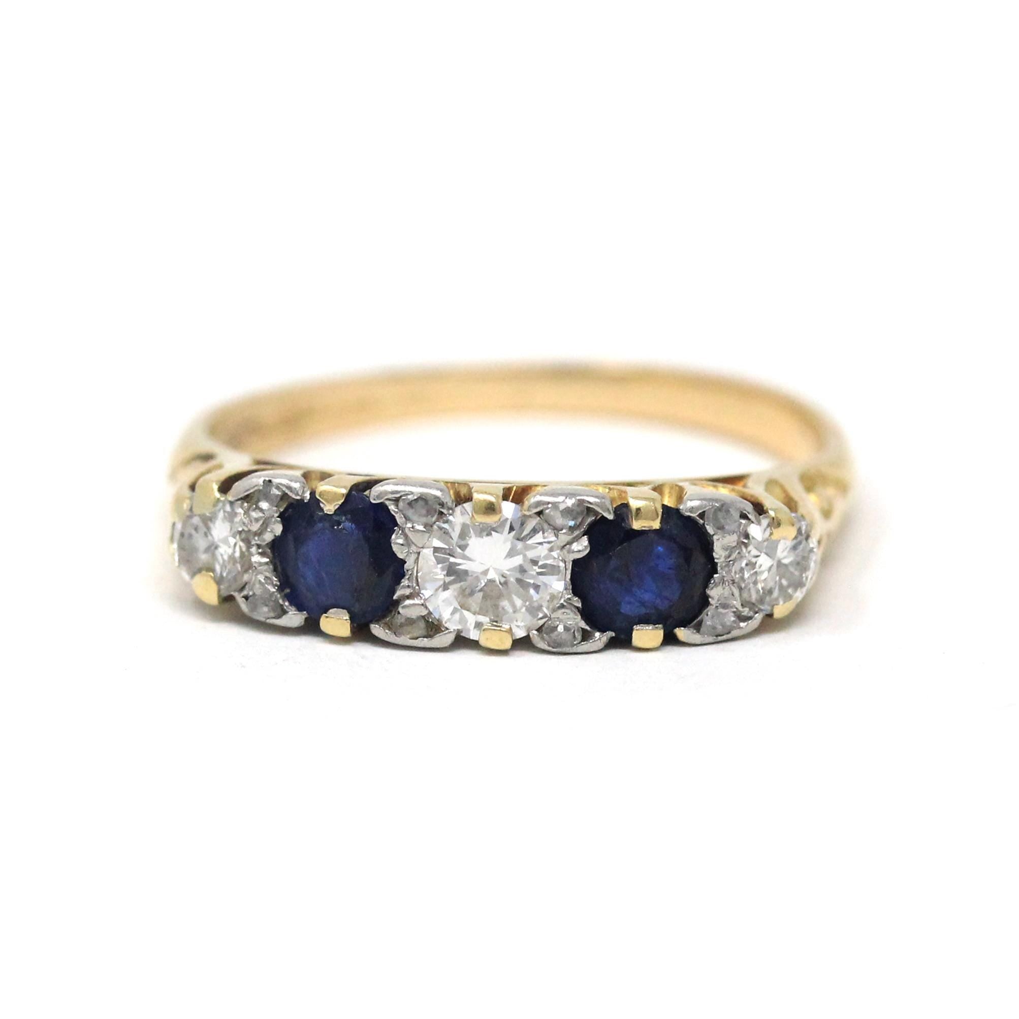 Antique Sapphire & Diamond Band - Edwardian 18k Yellow Gold Platinum Natural Five Stone Ring - Circa 1910s Era Size 6 Fine Stacking Jewelry