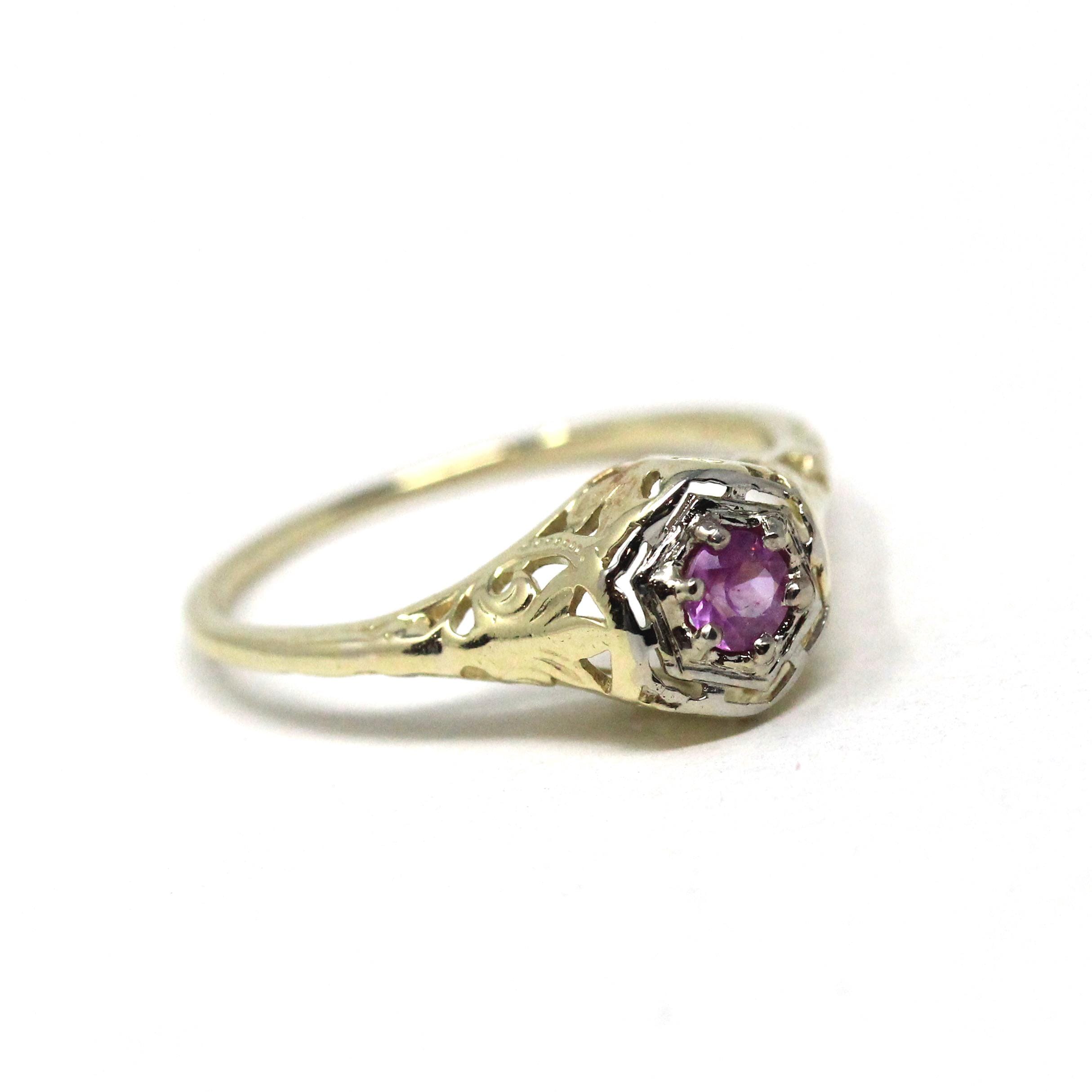 Vintage Pink Sapphire Ring - Art Deco 14k Gold Two Tone Butterfly Filigree Natural Gemstone - Circa 1930s Size 6 1/2 Fine Hexagonal Jewelry