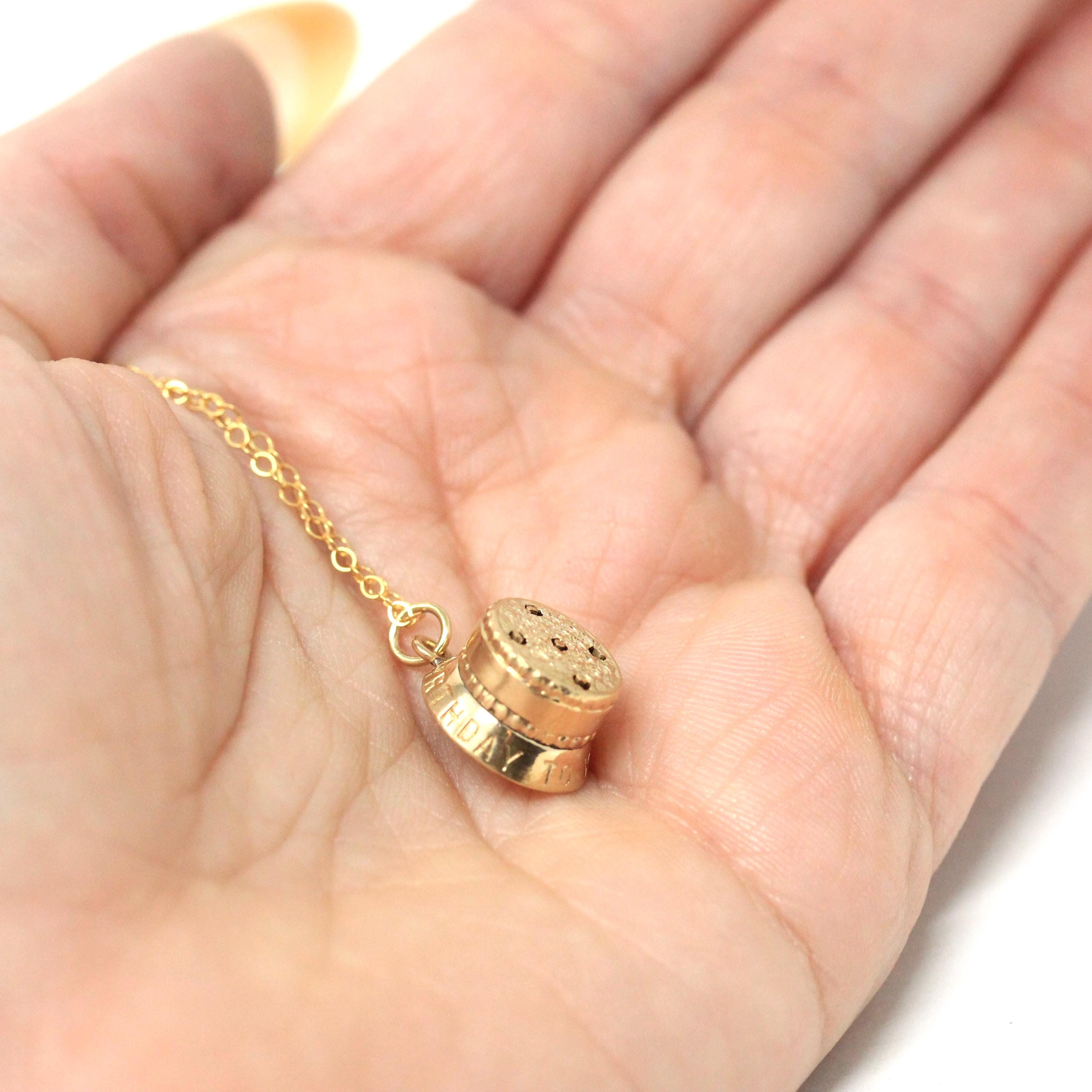 Vintage Birthday Cake Charm - Mid Century Era 14k Yellow Gold Candles Pendant Necklace - Circa 1950s Kinetic Interactive Celebration Jewelry