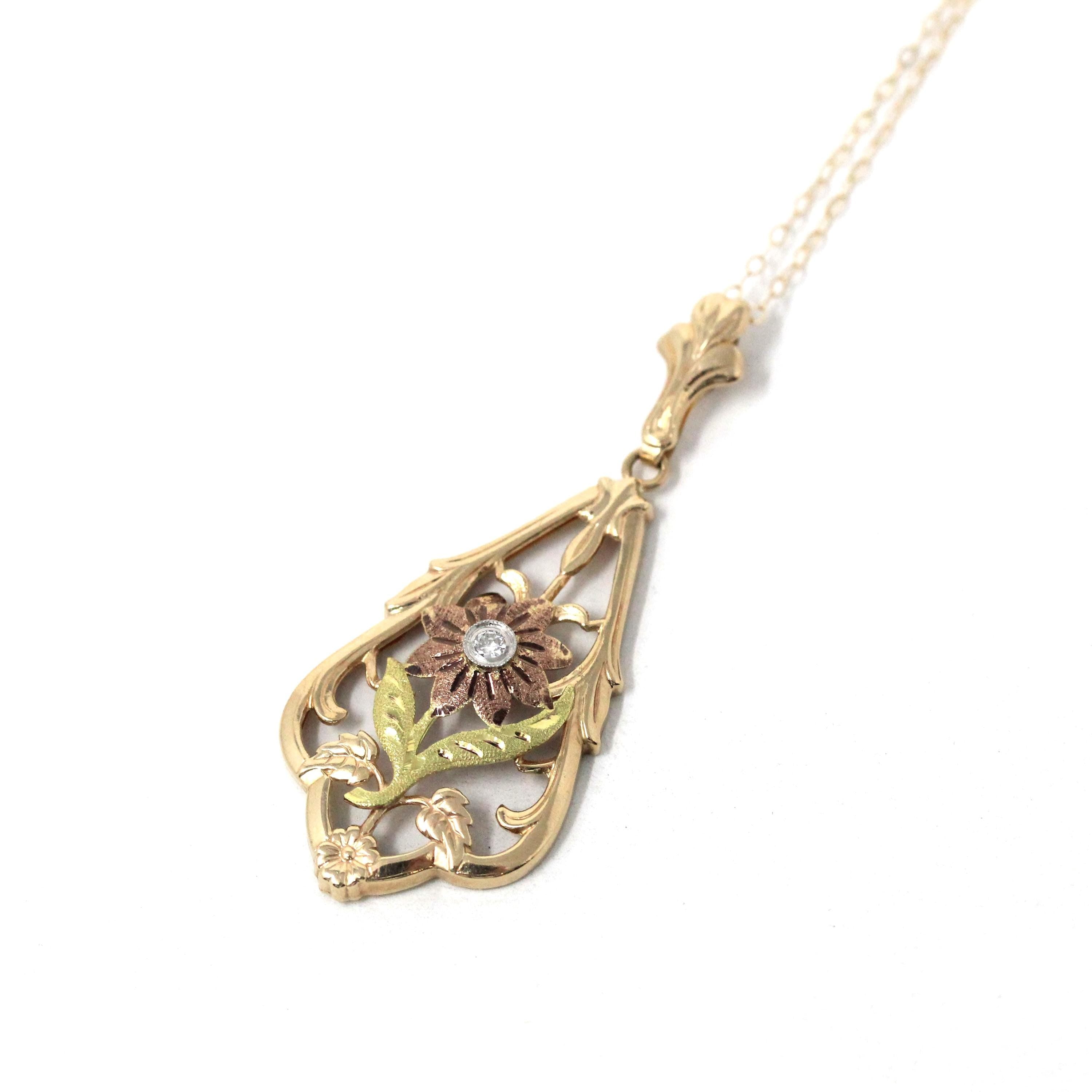 Vintage Flower Pendant - Mid Century 10k Yellow Rose Gold Two Tone Floral Natural Diamond Charm Necklace - Circa 1940s Lavalier Fine Jewelry