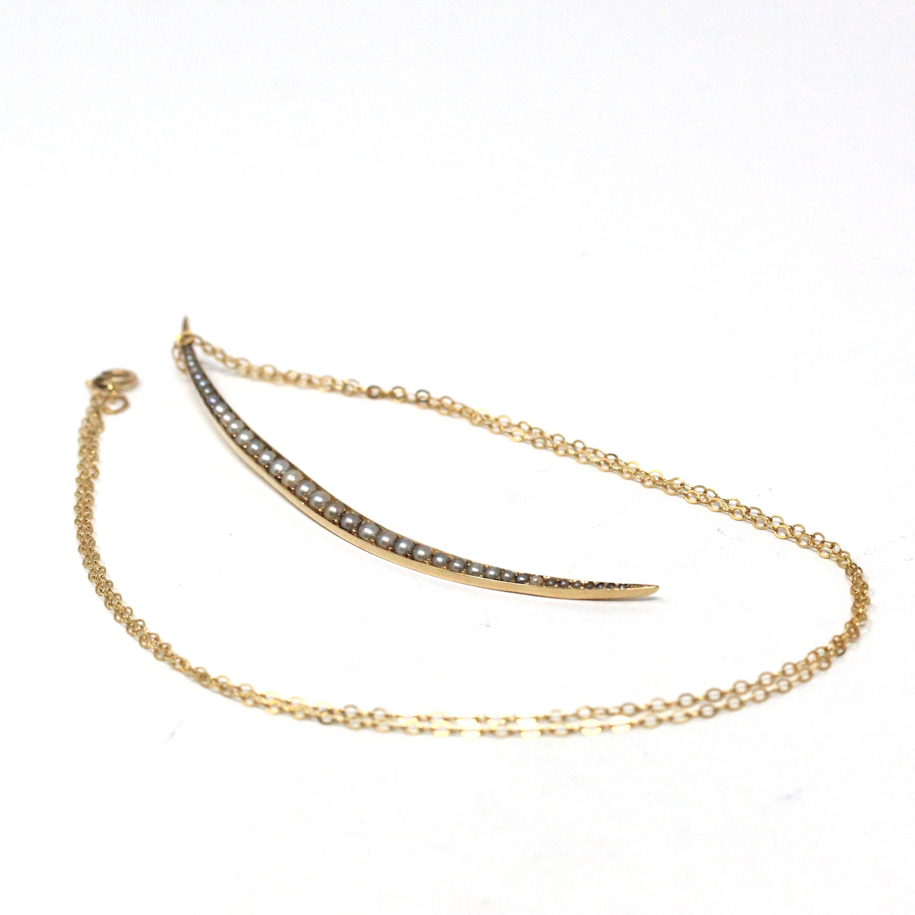 Antique Crescent Moon Pendant - Edwardian 14k Yellow Gold Seed Pearls Conversion Pendant - Circa 1910s Era Fine Dainty Celestial Jewelry