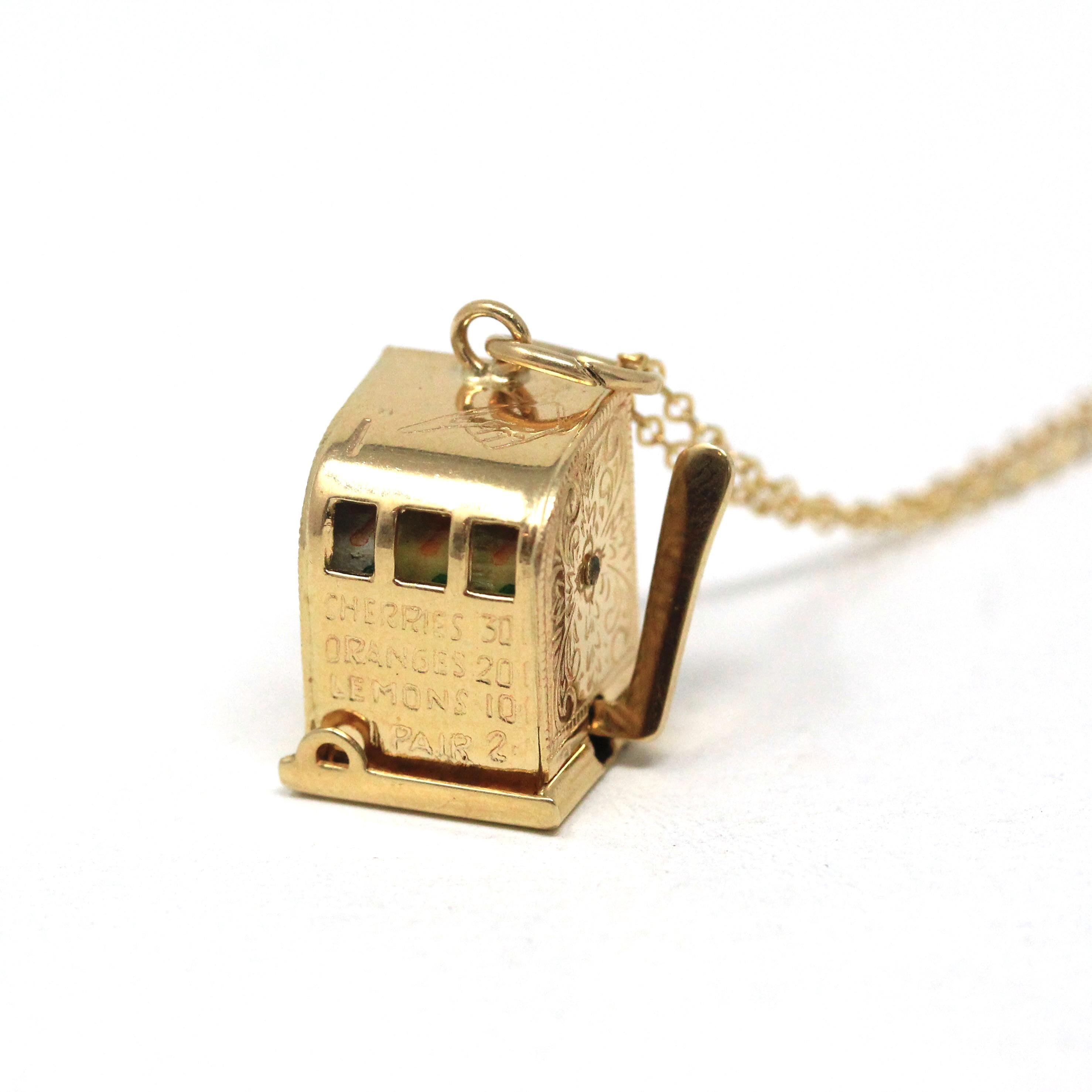 Vintage Slot Machine Charm - Retro 14k Yellow Gold Moveable 3-D Pendant Necklace - Circa 1960s Fruit Gambling Figural Betting Fine Jewelry