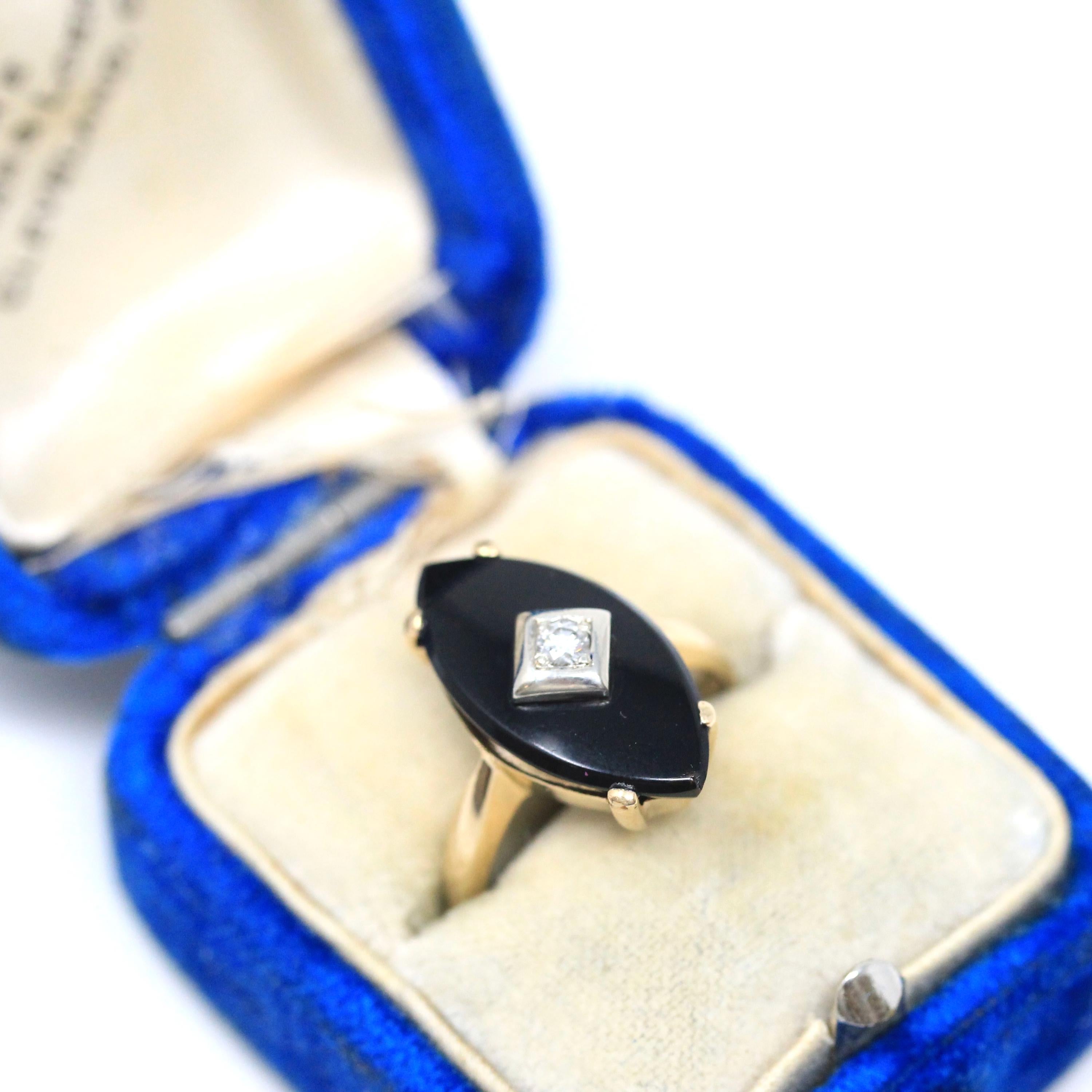 Vintage Onyx Ring - Retro 14k Yellow Gold Navette Marquise Black Chalcedony Gemstone - Circa 1960s Size 4 1/4 Natural Diamond Fine Jewelry