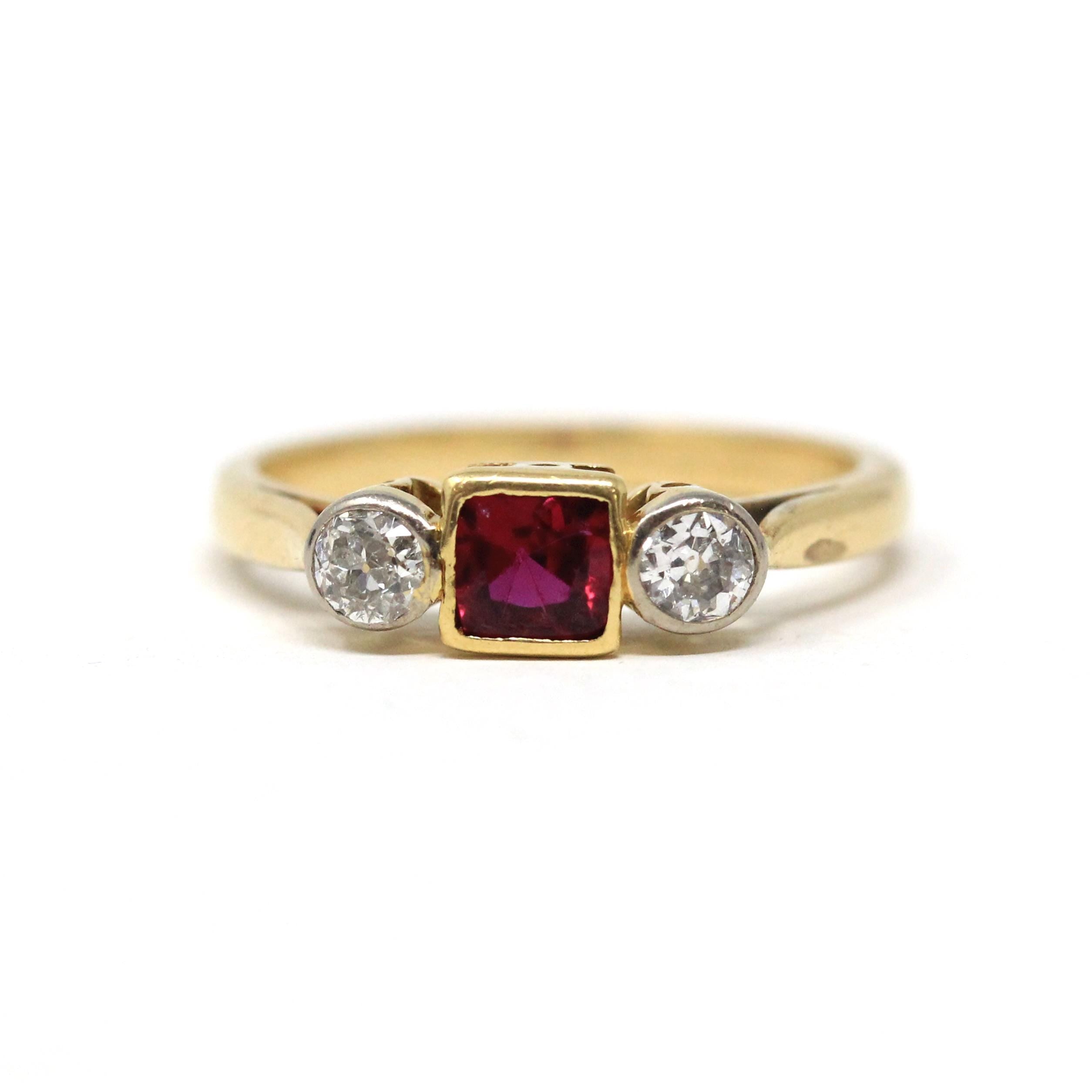 Antique Ruby & Diamond Ring - Art Deco Era 18k Gold Natural Gemstones Three Stone Band - Vintage Circa 1920s Size 4 3/4 Red Fine 20s Jewelry